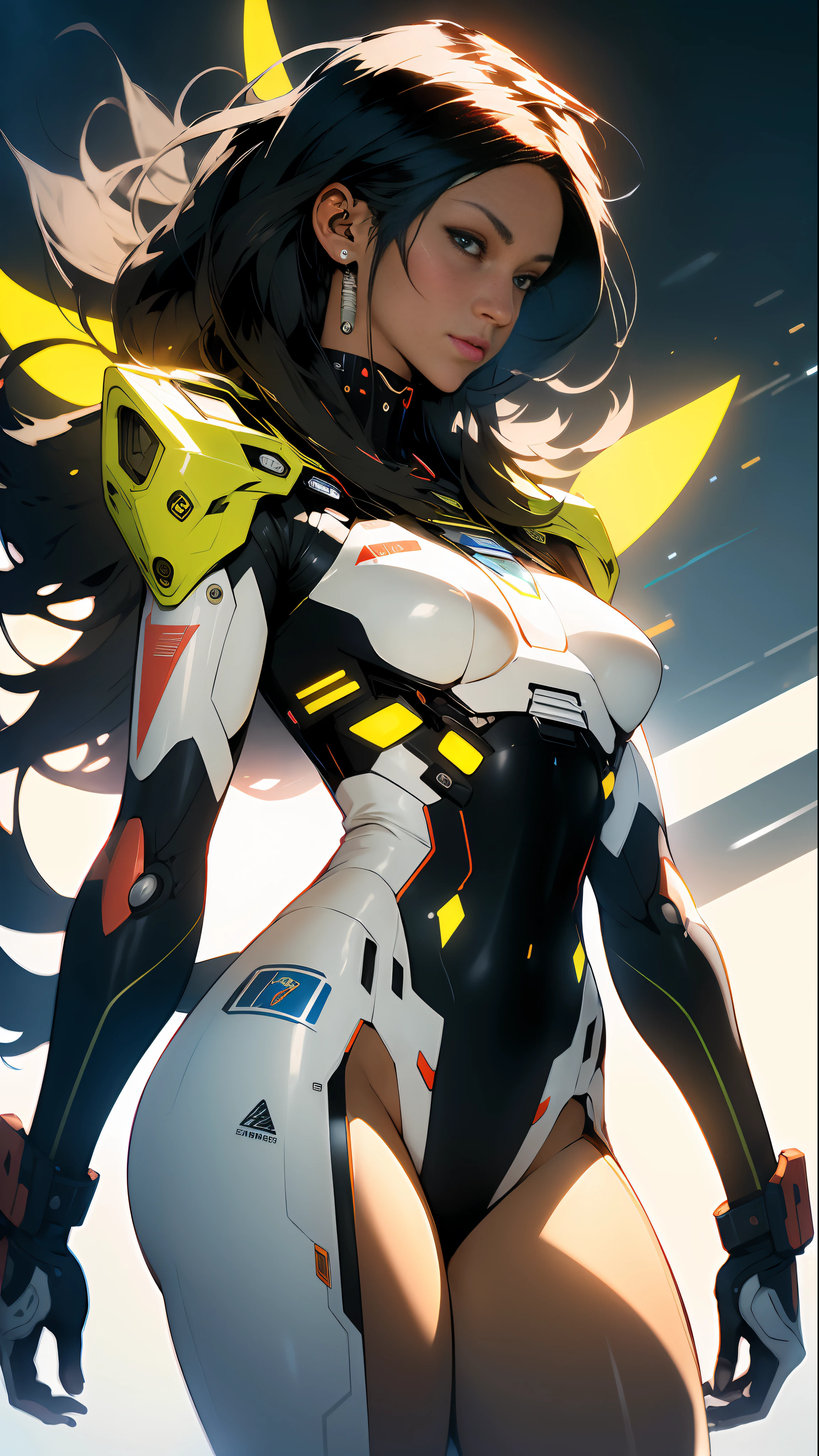 ((Best quality)), ((masterpiece)), (detailed: 1.4), (Absurd), Fighter pilot indigenous woman from Brazil ready for war, dark skin, with a feather on her head, ornaments typical of the natives of Brazil, defined muscular sculptural body, half thick naked thighs, closed mouth, muscular body covered by technological clothing, Neon Genesis Evangelion style, cyberpunk, generous neckline, ((perfect medium breasts)),  (brown eyes without pupils), ((dark green clothing, with some yellow, blue and white elements)), (((black hair fulfilled super straight and drained with heavy bangs over the forehead)))), band tied on the arm, long eyelashes heavy makeup, garter belt, by mucha, niji --V5, close to the real, psychopath, crazy face, sexy pose, background with a giant Gundam-style Robot head,  2 piece clothing, shoulder pads with airplane wings on the back, pastel, centered, scale to fit dimensions, HDR (High Dynamic Range),Ray Tracing,NVIDIA RTX,Super-Resolution,Unreal 5,Subsurface dispersion, PBR texture, Post-processing, Anisotropic filtering, Depth of field, Maximum clarity and sharpness, Multilayer textures, Albedo and specular maps, Surface shading, Accurate simulation of light-material interaction,  Perfect Proportions, Octane Render, Two-Tone Lighting, Wide Aperture, Low ISO, White Balance, Rule of Thirds, 8K RAW, Crysisnanosuit