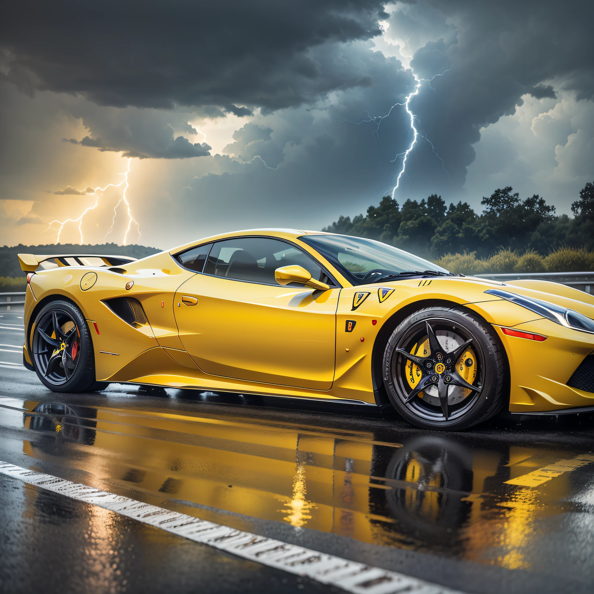 Photo of a yellow ferrari car, wet road, lightning in sky, in crpht-4300 photography style --auto --s2