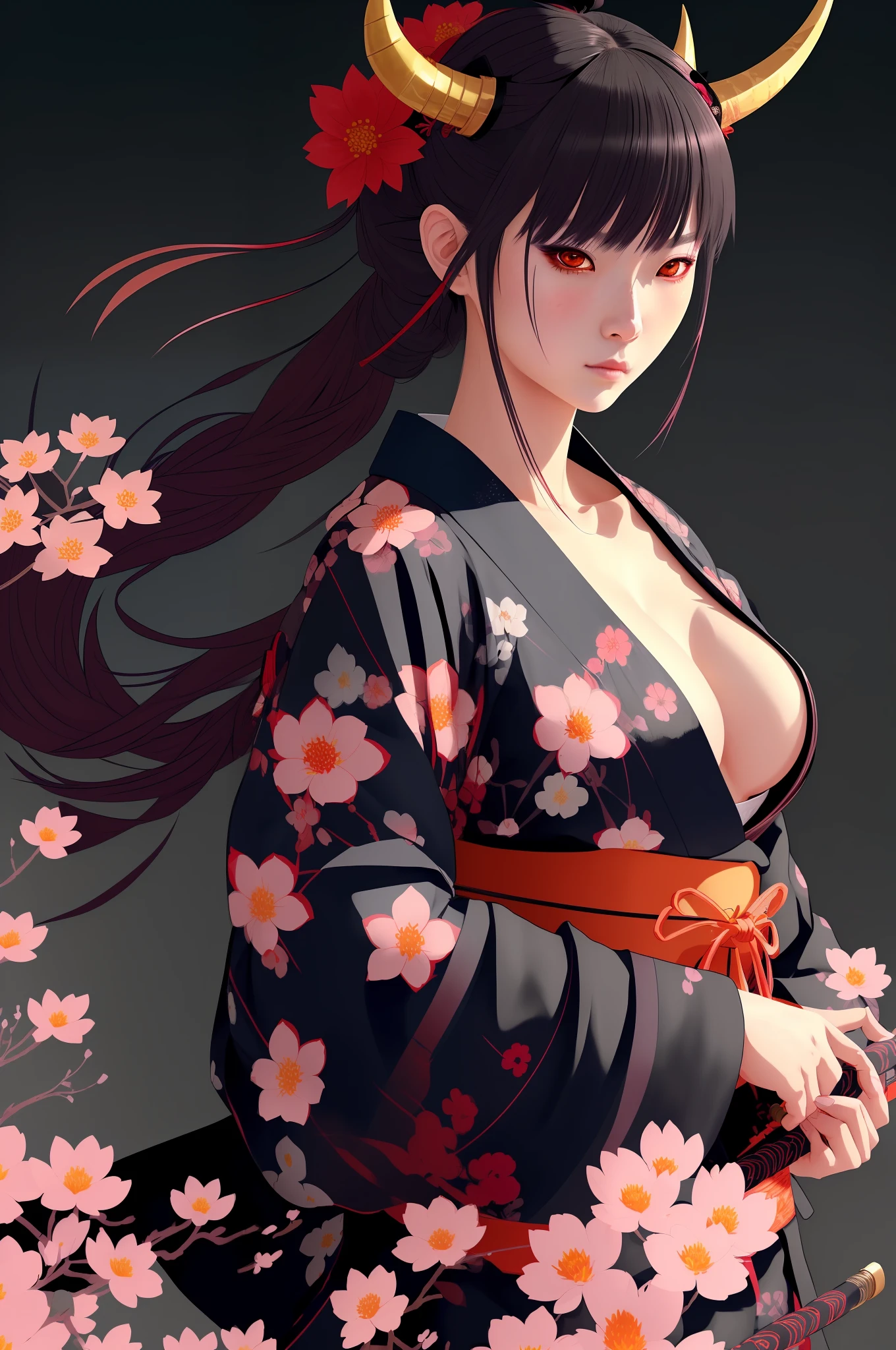 girl,samurai,(traditional_media,illustration:1.4),flowers in hair,kimono,wielding katana,normal_breasts,(oni, horns, detailed_eyes),fighting_pose ,(masterpiece,detailed,highres,cinematic,atmospheric:1.4), (hotify:0.6)