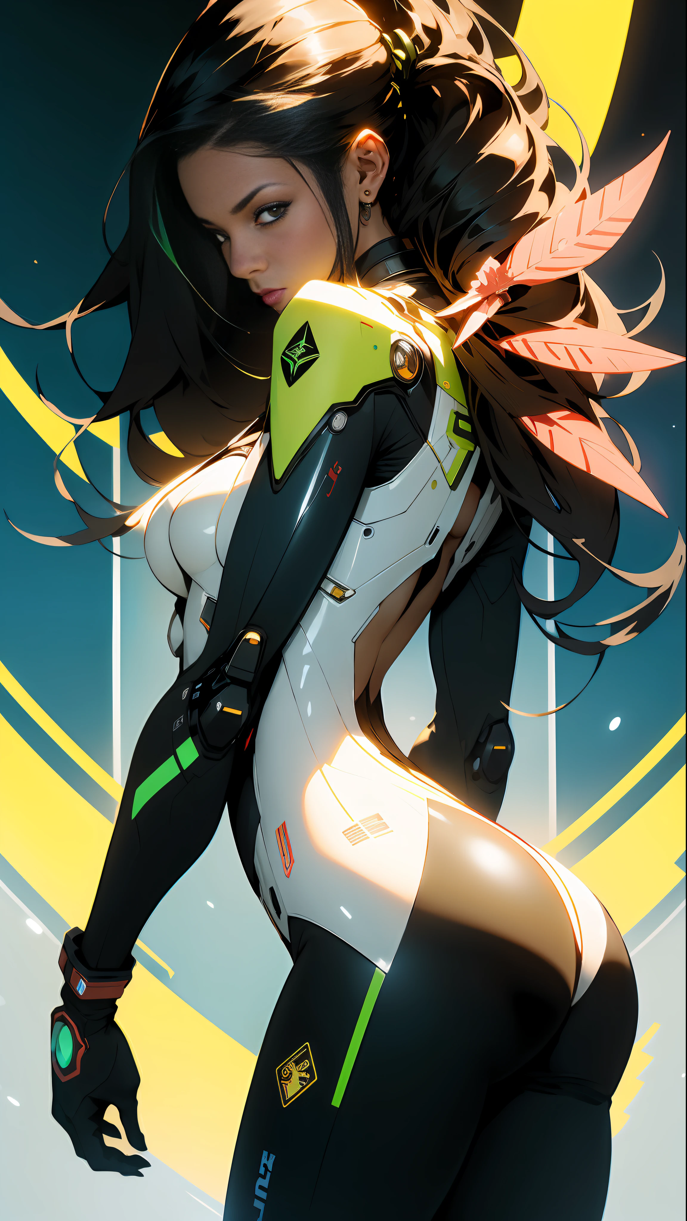 ((Best quality)), ((masterpiece)), (detailed: 1.4), (Absurd), Fighter pilot indigenous woman of Brazil ready for war, on her back, perfect ass, dark skin, with a feather on her head, ornaments typical of the natives of Brazil, defined muscular sculptural body, half thick naked thighs, closed mouth, muscular body covered by technological clothing, Neon Genesis Evangelion style, cyberpunk, generous neckline,  ((perfect medium breasts)), (brown eyes without pupils), ((dark green clothing, with some yellow, blue and white elements)), (((black hair fulfilled super straight and drained with heavy bangs over the forehead)))), band tied on the arm, long eyelashes heavy makeup, garter belt, by mucha, niji --V5, close to the real, psychopath, crazy face, sexy pose, background with a giant Gundam-style Robot head,  2 piece clothing, shoulder pads with airplane wings on the back, pastel, centered, scale to fit dimensions, HDR (High Dynamic Range),Ray Tracing,NVIDIA RTX,Super-Resolution,Unreal 5,Subsurface dispersion, PBR texture, Post-processing, Anisotropic filtering, Depth of field, Maximum clarity and sharpness, Multilayer textures, Albedo and specular maps, Surface shading, Accurate simulation of light-material interaction,  Perfect Proportions, Octane Render, Two-Tone Lighting, Wide Aperture, Low ISO, White Balance, Rule of Thirds, 8K RAW, Crysisnanosuit