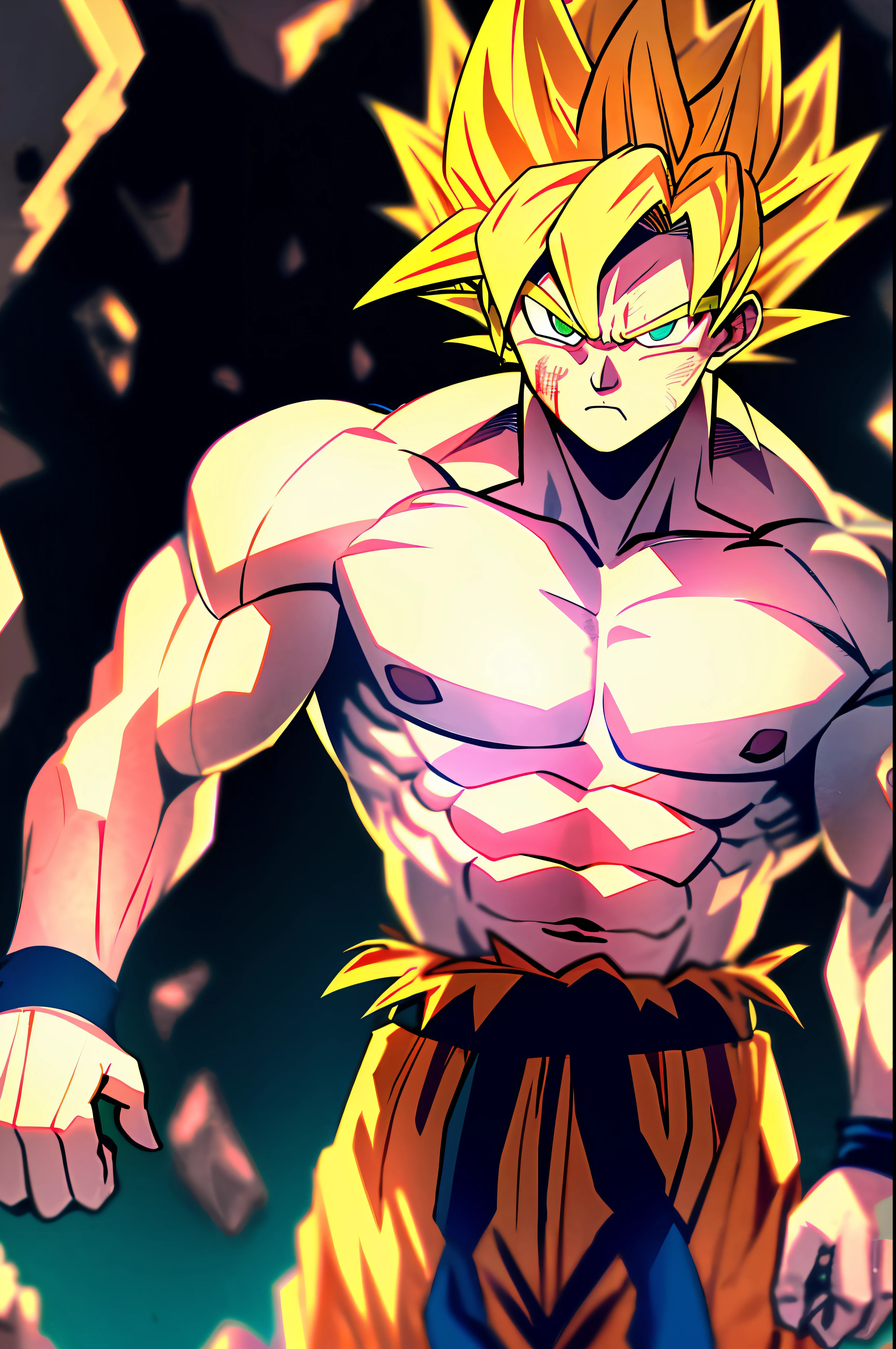 son goku, 1boy, artist name, biceps, blonde hair, blood, blood from mouth, blue sash, blue wristband, clenched hands, closed mouth, collarbone, dougi, electricity, energy, floating rock, frown, green eyes, looking at viewer, male focus, muscular, muscular male, pectorals, ribs, rock, sash, scratches, serious, solo, spiked hair, super saiyan, super saiyan 1, topless male, torn clothes, v-shaped eyebrows, wristband, ((masterpiece))