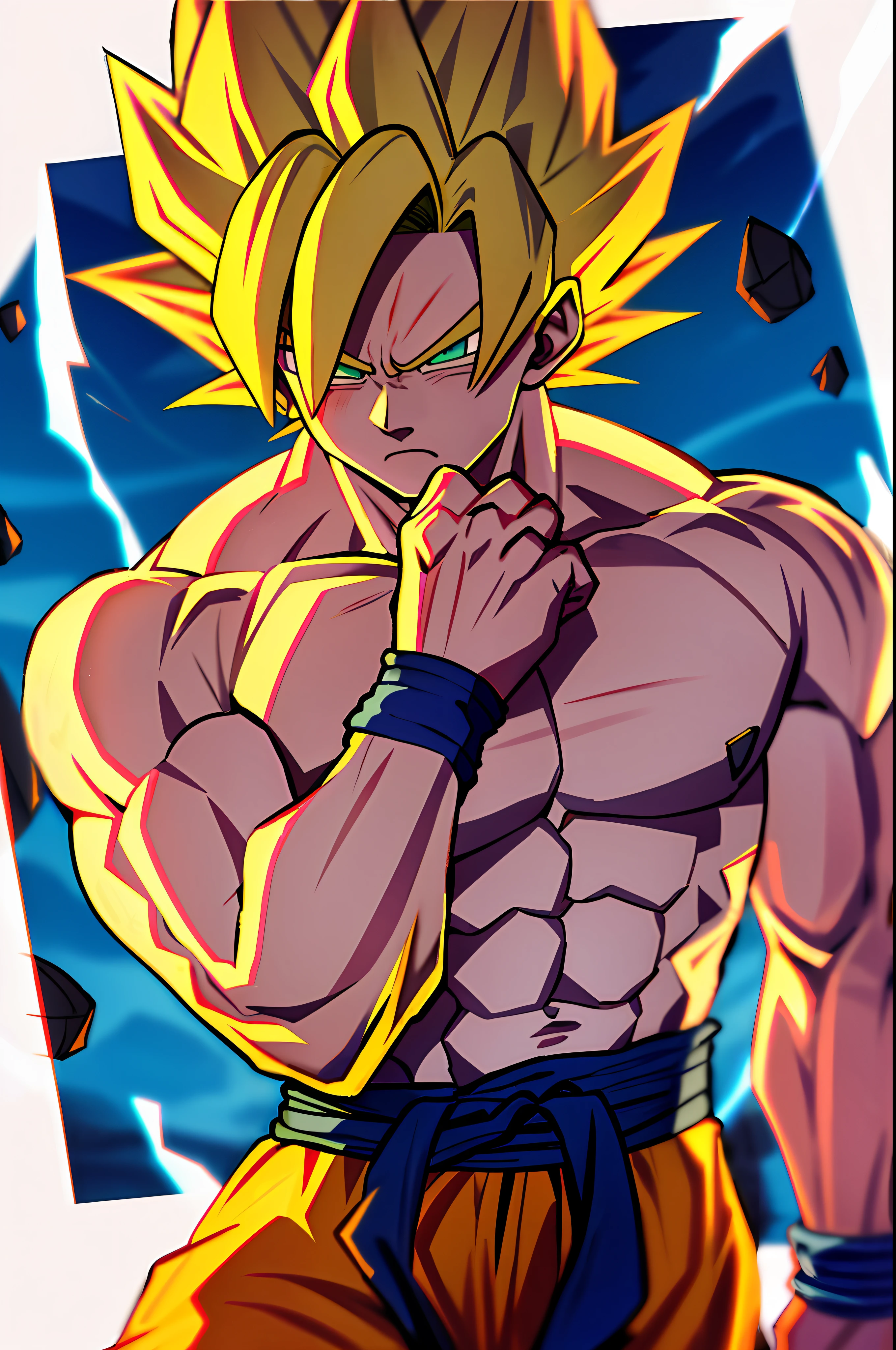 son goku, 1boy, artist name, biceps, blonde hair, blood, blood from mouth, blue sash, blue wristband, clenched hands, closed mouth, collarbone, dougi, electricity, energy, floating rock, frown, green eyes, looking at viewer, male focus, muscular, muscular male, pectorals, ribs, rock, sash, scratches, serious, solo, spiked hair, super saiyan, super saiyan 1, topless male, torn clothes, v-shaped eyebrows, wristband, ((masterpiece))