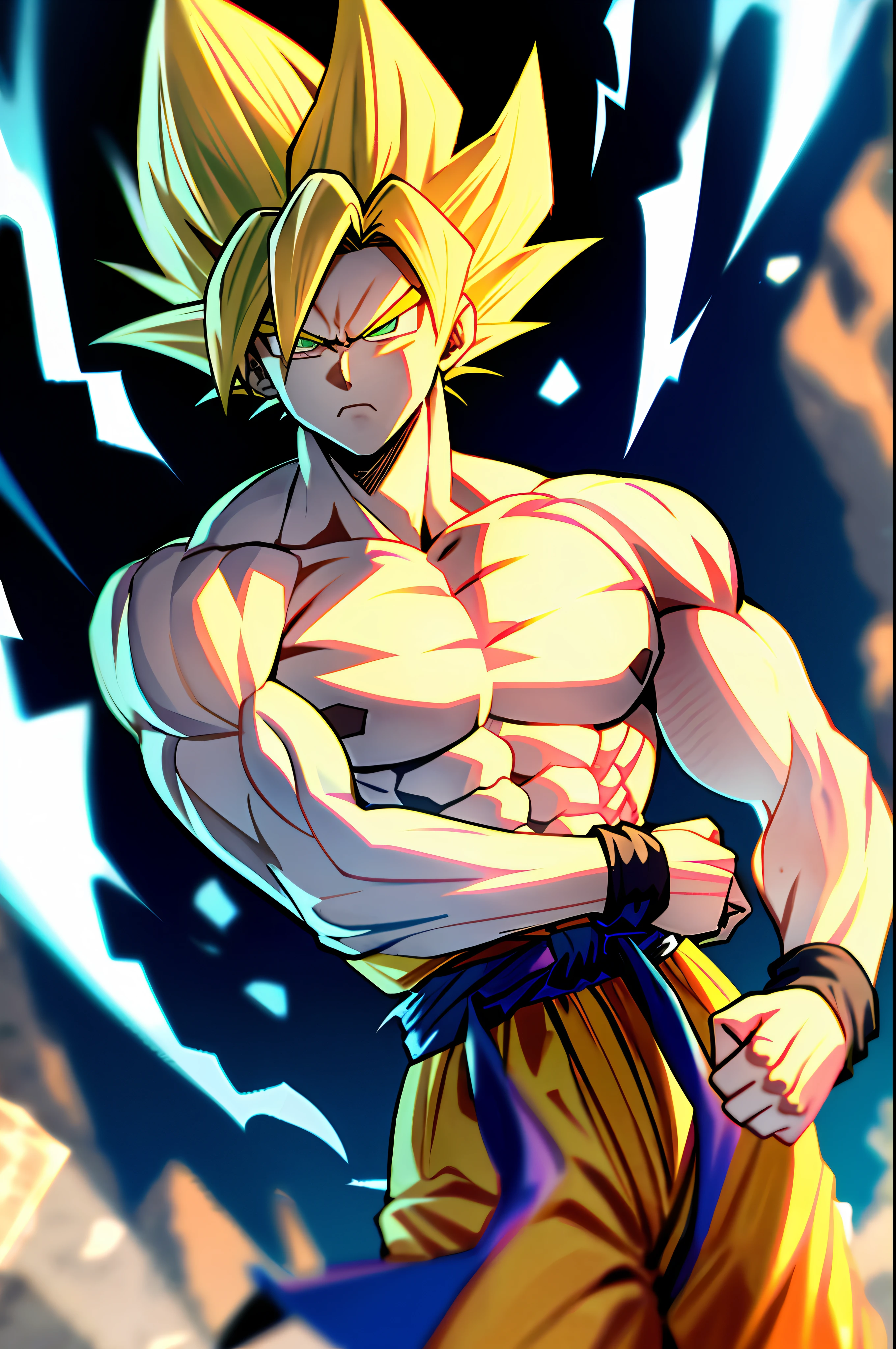 son goku, 1boy, artist name, biceps, blonde hair, blood, blood from mouth, blue sash, blue wristband, clenched hands, closed mouth, collarbone, dougi, electricity, energy, floating rock, frown, green eyes, looking at viewer, male focus, muscular, muscular male, pectorals, ribs, rock, sash, scratches, serious, solo, spiked hair, super saiyan, super saiyan 1, topless male, torn clothes, v-shaped eyebrows, wristband, ((masterpiece))
