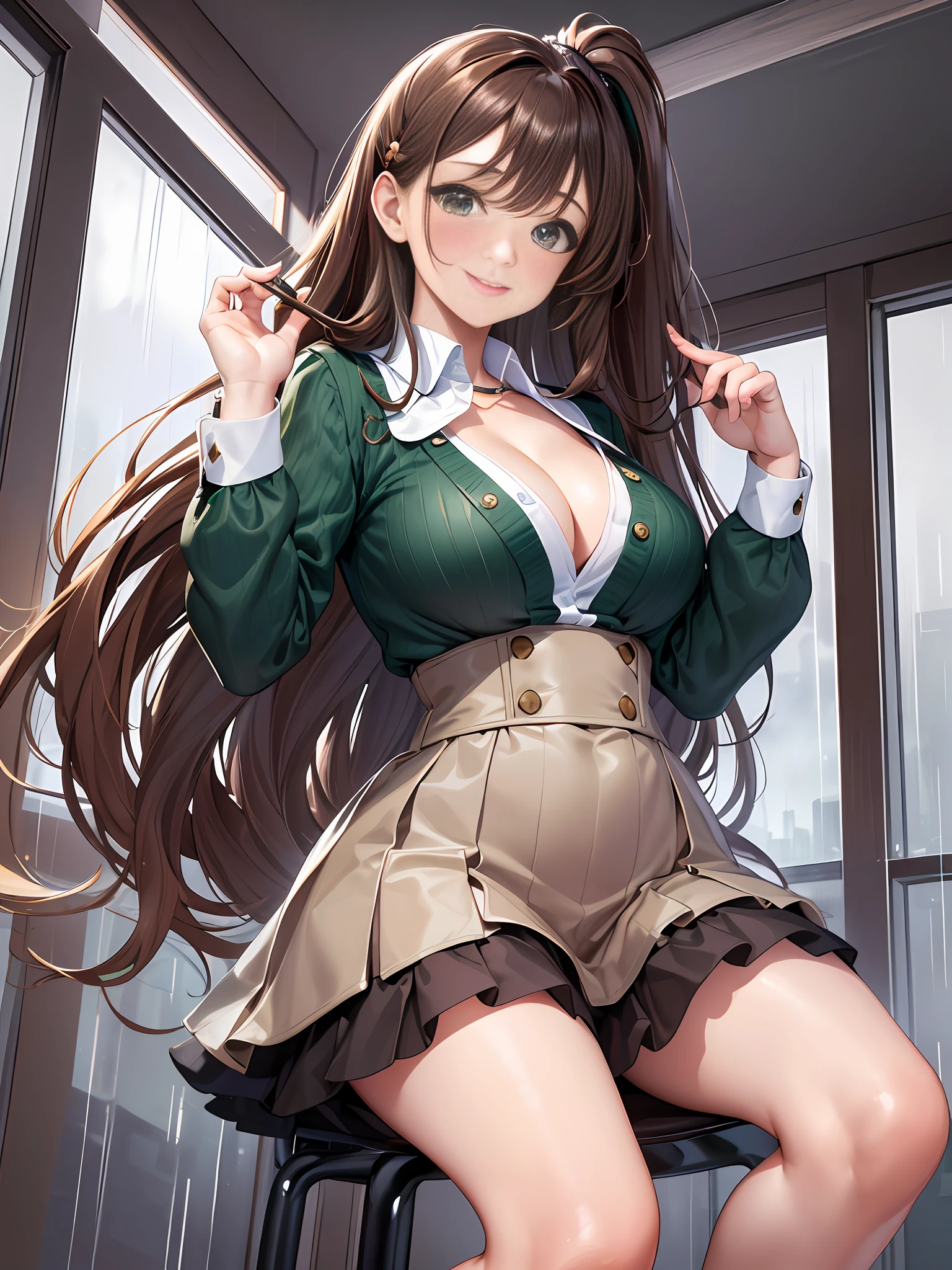 Masterpiece, Best Quality, Official Art, (Highly Detailed CG Unity 8k wallpaper), Detailed background, (Hands by Guido Daniele: 1.1), Feet out of frame, First Person View, 1, Attractive and Perfect Beautiful Woman, Schoolgirl, JK, Schoolgirl Uniform, Rainy Day, Lots of Rain, Windy, (Curvaceous), ( White Thighs: 1.12), (Brown Long Hair: 1.12), (Ahoge (1.13), (high ponytail: 1.12), (green eyes: 1.13), big, (cleavage), beautiful face, (blush: 1.11), (smile: 1.11)