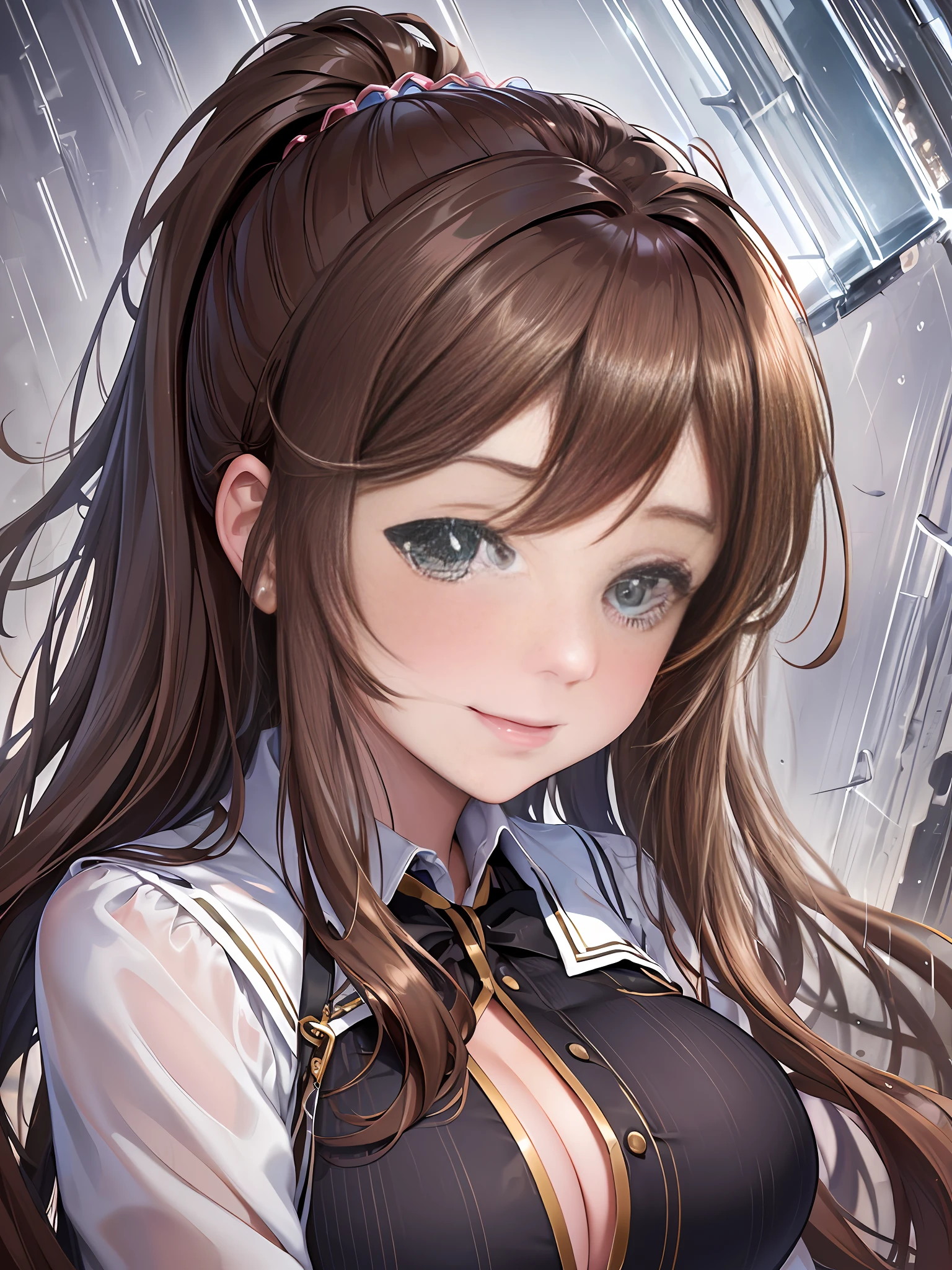 Masterpiece, Best Quality, Official Art, (Highly Detailed CG Unity 8k wallpaper), Detailed background, (Hands by Guido Daniele: 1.1), Feet out of frame, First Person View, 1, Attractive and Perfect Beautiful Woman, Schoolgirl, JK, Schoolgirl Uniform, Rainy Day, Lots of Rain, Windy, (Curvaceous), ( White Thighs: 1.12), (Brown Long Hair: 1.12), (Ahoge (1.13), (high ponytail: 1.12), (green eyes: 1.13), big, (cleavage), beautiful face, (blush: 1.11), (smile: 1.11)