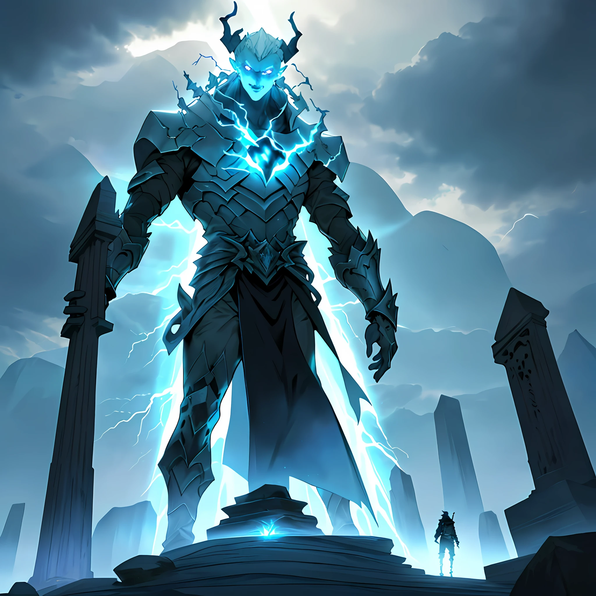 Standing on the top of the mountain, the character displays a glowing demonic mark on his right arm, emitting lightning. In front of him, a giant being of stone emerges. (Character: 1, Demonic Mark: 1.2, Bright: 1.2, Rays: 1.3, Giant: 1.3, Stone Being: 1.3)