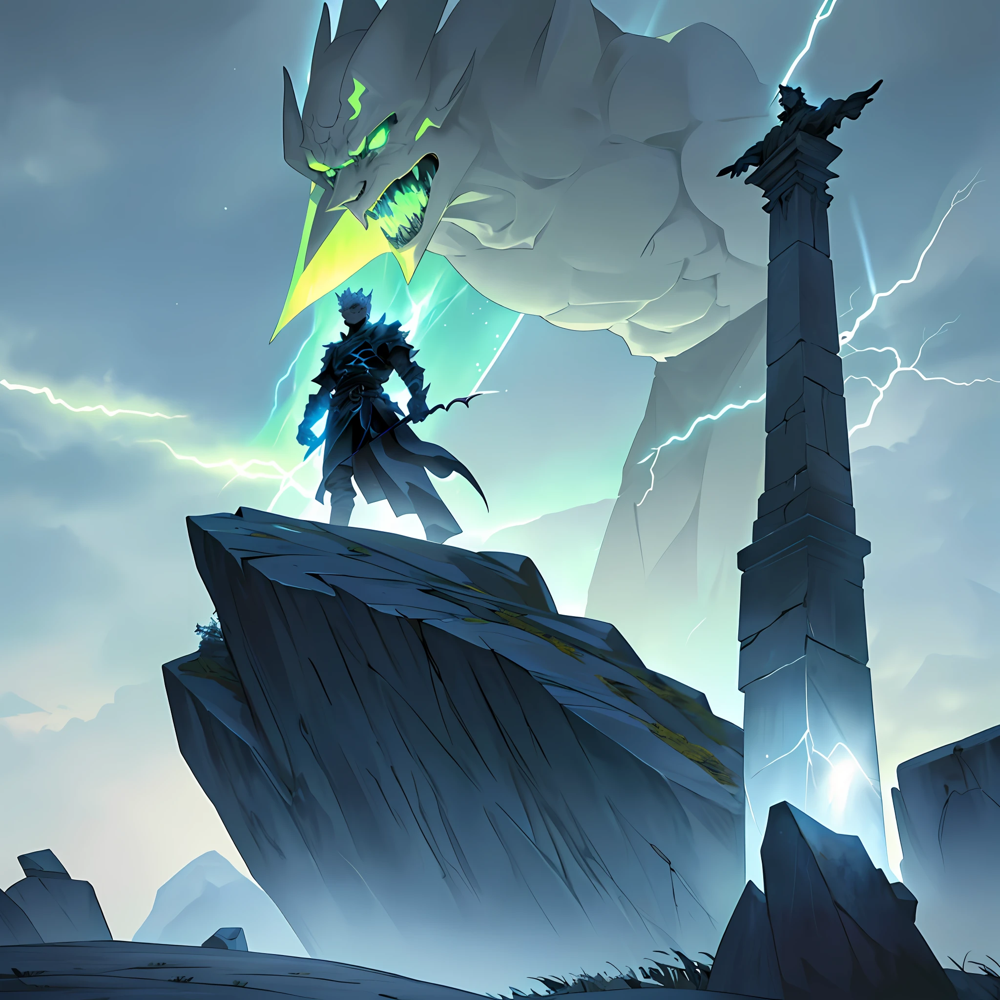 Standing on the top of the mountain, the character displays a glowing demonic mark on his right arm, emitting lightning. In front of him, a giant being of stone emerges. (Character: 1, Demonic Mark: 1.2, Bright: 1.2, Rays: 1.3, Giant: 1.3, Stone Being: 1.3)