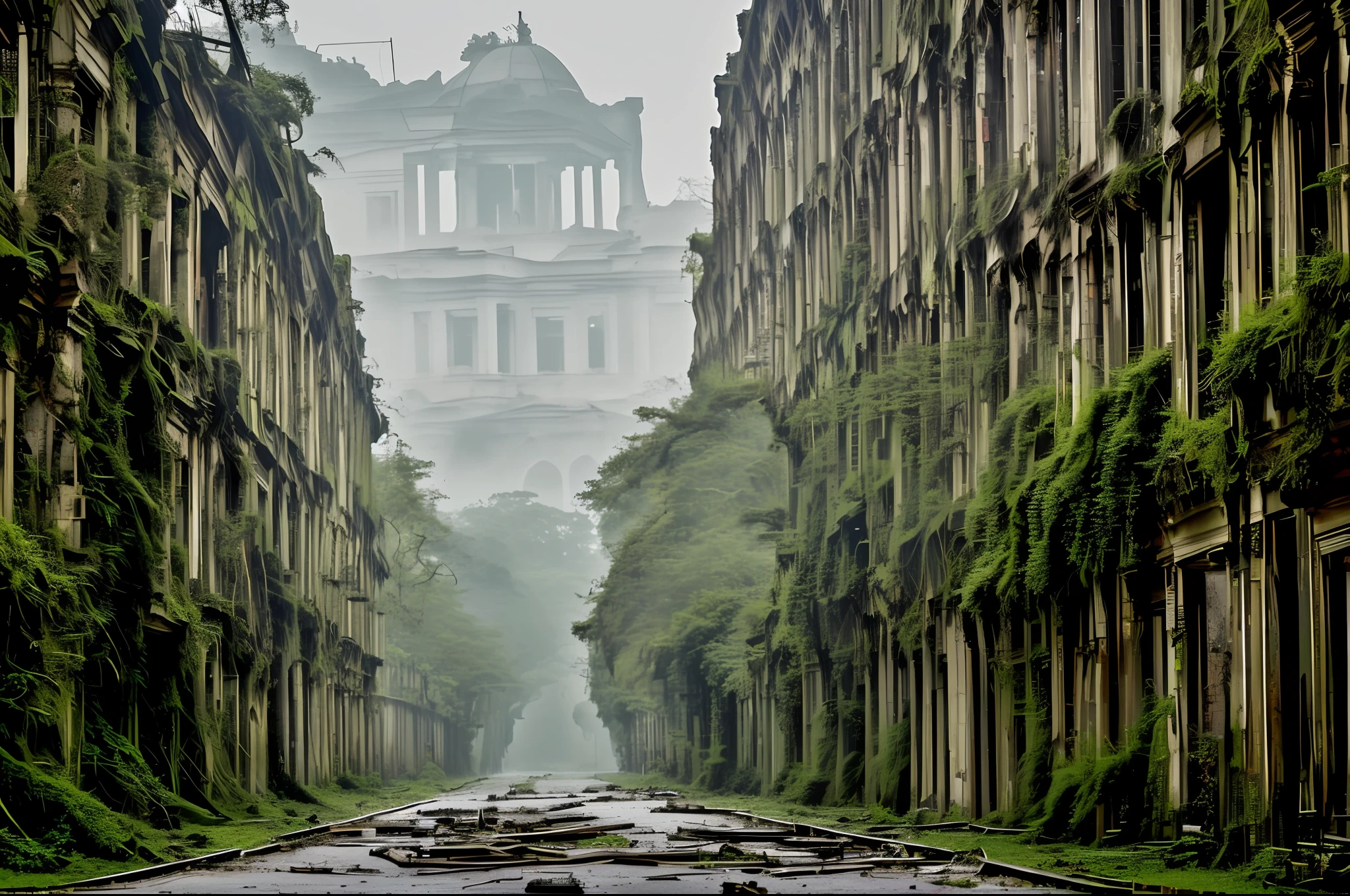 The scenery unfolds before your eyes, revealing an abandoned city covered in moss and taken over by nature. The air is heavy, silent and permeated by the feeling of desolation. The buildings, once majestic and imposing, are now in ruins, their concrete and steel structures eroded by time and neglect.

Moss spreads everywhere, enveloping the buildings like a verdant tapestry. Vegetation grows freely, defying the physical barriers imposed by abandoned buildings. Roots intertwine around cracked walls and jut out through broken windows, seeking sunlight that can barely penetrate the urban jungle.

Tall, leafy trees emerge from the cracks in the asphalt, their vibrant leaves contrasting with the gray, decadent atmosphere. The branches stretch over the empty streets, forming a natural canopy that seems to whisper forgotten stories in the wind.

The streets are covered with vegetation and rubble. Rusty and abandoned cars are mute witnesses to the time that has passed. Its broken glass and withered tires are traces of the sudden abandonment that has befallen the city.

Despite the air of abandonment, there is still a melancholy beauty in this place. The combination of the vibrant green of moss and trees with decrepit architecture and aura of mystery evokes a sense of decadent enchantment. It seems that the city is trapped in a state of suspension, waiting for someone to unravel its secrets and give it back to life.

In the distance, the sun sets on the horizon, dyeing the sky with orange and gold hues. The dim light passes through the openings of the crumbling structures, creating a play of shadows and revealing dark details. The abandoned city with moss on the buildings and trees stands as a silent reminder of nature's relentless cycle, conquering what has been left behind.