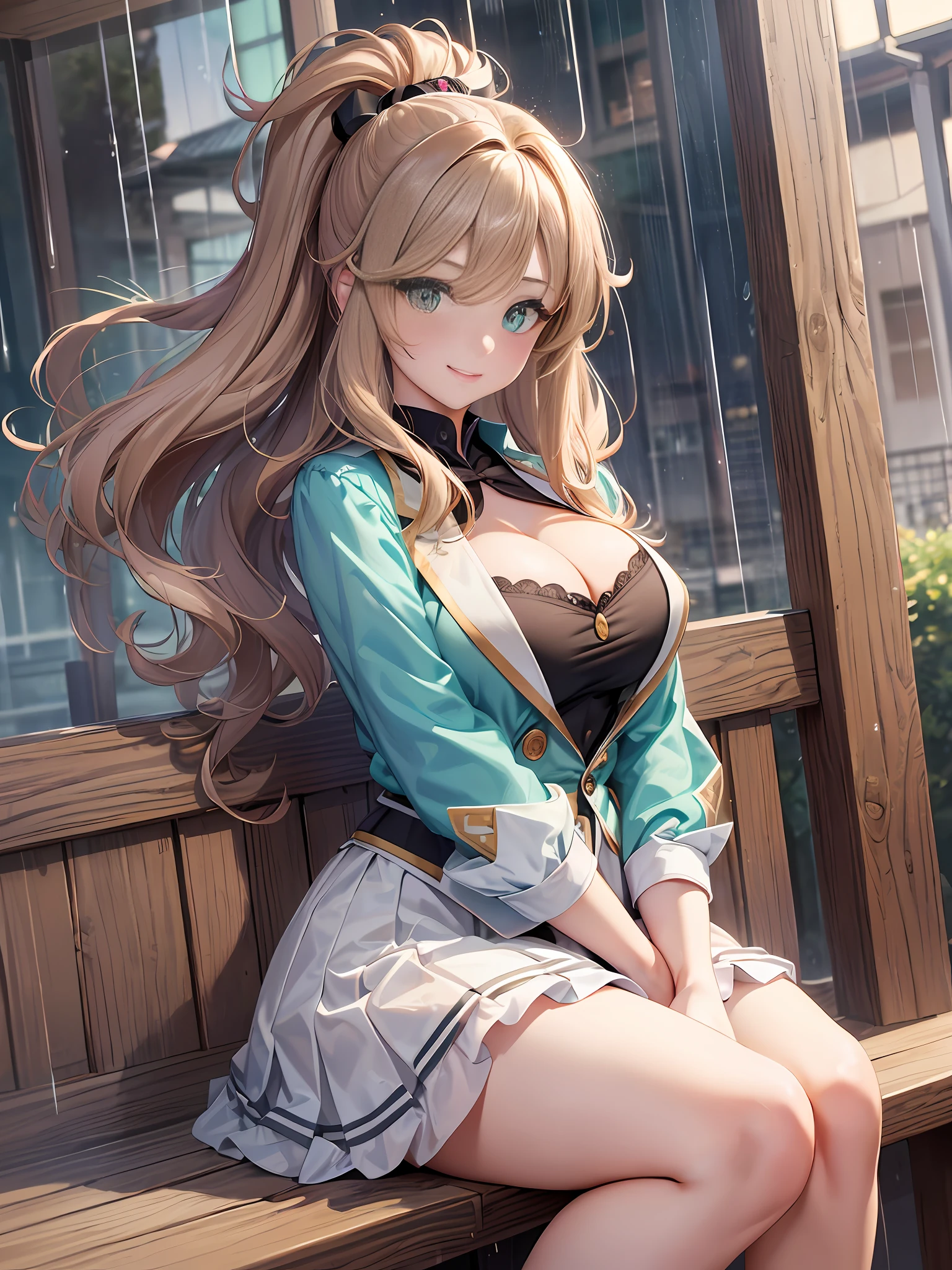 Masterpiece, Best Quality, Official Art, (Highly Detailed CG Unity 8k wallpaper), Detailed background, (Hands by Guido Daniele: 1.1), Feet out of frame, First Person View, 1, Attractive and perfect beautiful woman, Schoolgirl, JK, Schoolgirl uniform, rainy day, a lot of rain, Wind blowing, Sitting, Open legs, (Curvaceous), ( White thighs: 1.12), (brown long-haired (Ahoge: 1.13), (High Ponytail: 1.12), (Green Eyes: 1.13), Look at the Beholder, Big, (cleavage), Beautiful Face, (Blush: 1.11), (Smile: 1.11)