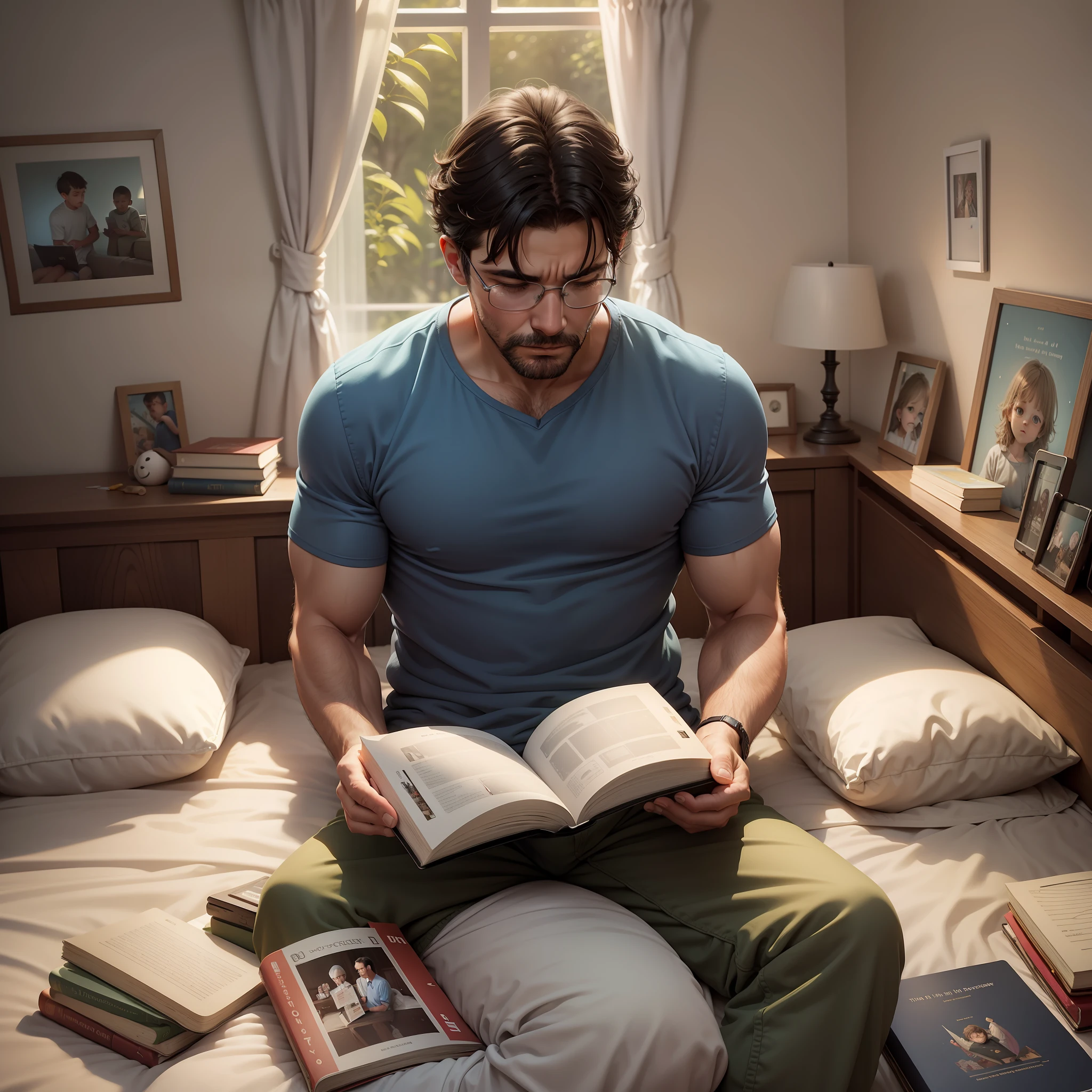 The father reads the story book to the child by the bed --auto --s2