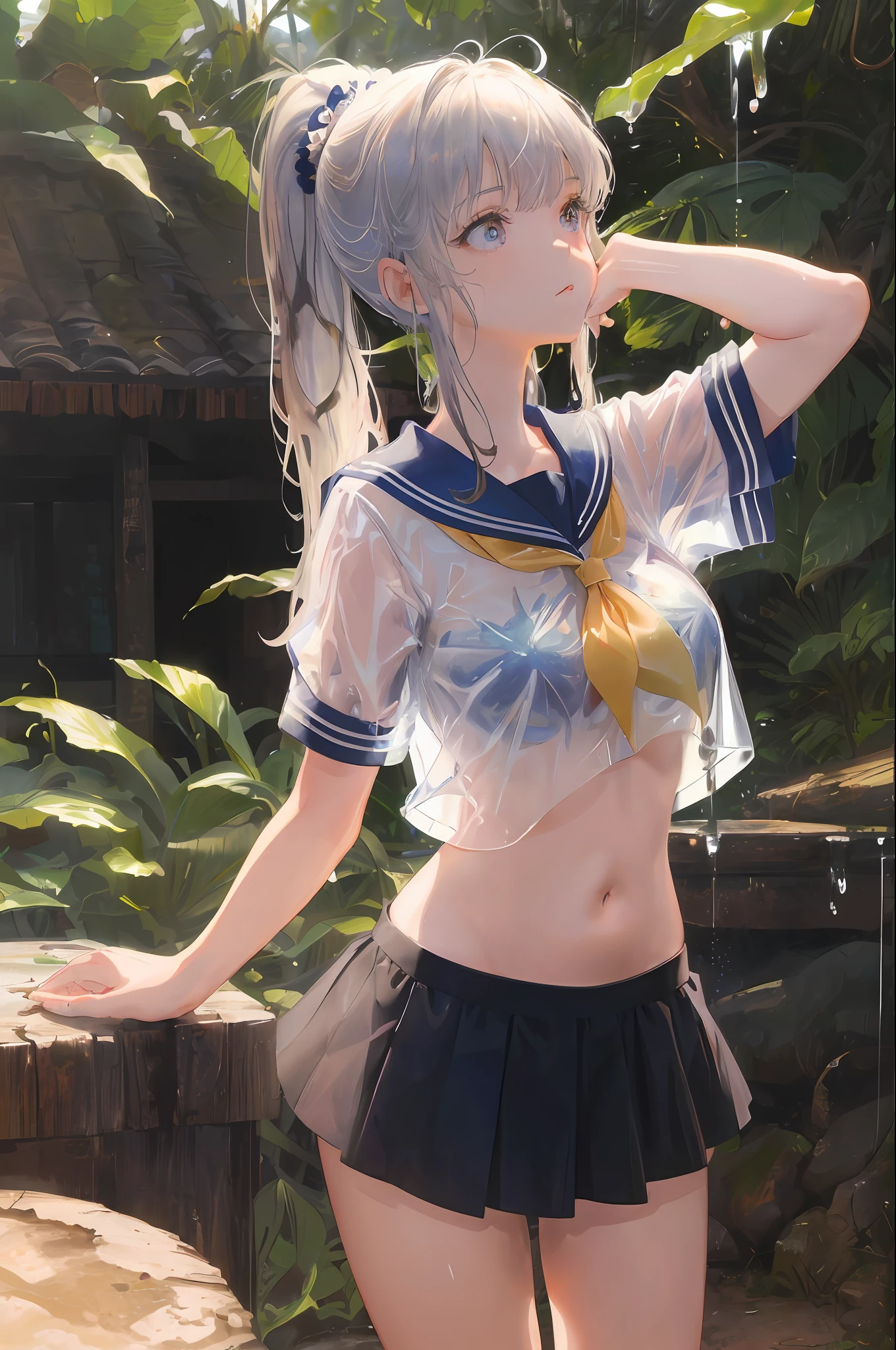 Cornflower art, dreamy, (masterpiece, top quality, perfect anatomy, beautiful face, realistic, super detailed, 1 girl, 18 ears senile, solo, depth of field, canon 24mm lens, f1.4, cute_girl, sailor_ collar, clear facial features, short sleeves, big, slender stature, height 170, barefoot, double ponytail, bangs, gravure pose, outdoor, jungle, blurred background, (Uwabaki: 1.1576)) all over body, clear liquid dripping from the crotch, the front of the shirt is exposed, the breasts are visible, the bra is not on,