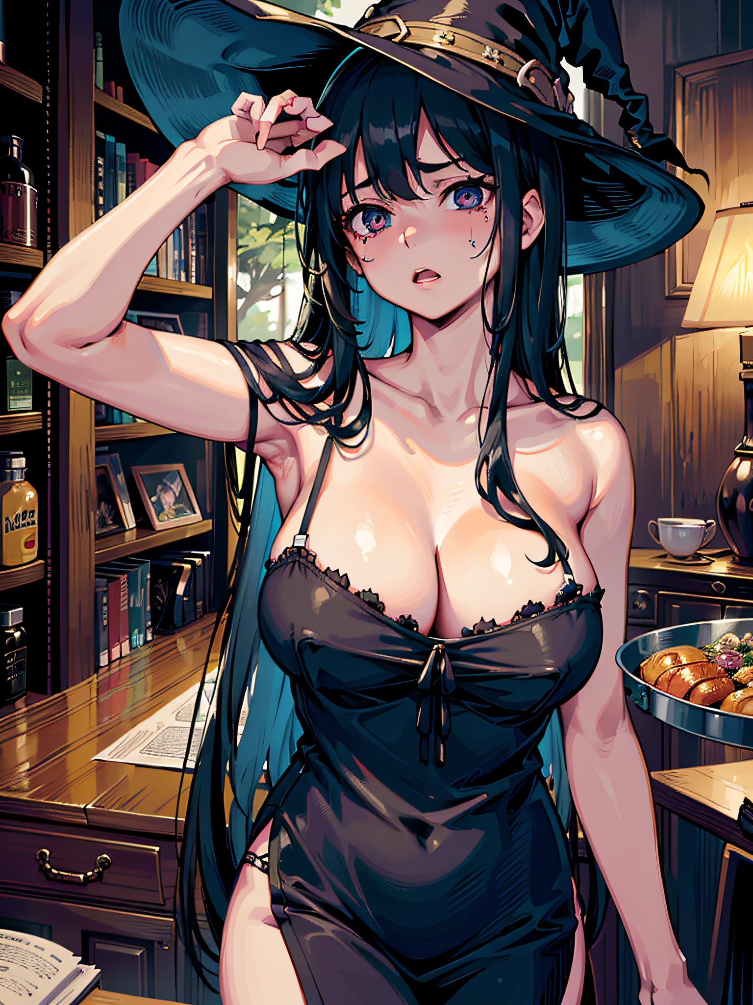 Best Quality, Masterpiece, Ultra High Resolution, (Realisticity: 1.6), Original Photo, 1girl, Bare Shoulders, Ragged Clothes, Long Hair, Black Straight Hair, Loose Hair, F Cup, Beautiful Tits, Horror Movie, Horror Atmosphere, Witch, Giant's Hand, Girl Pinched in Giant's Hand, Expression Pain, Tear Tracks,
