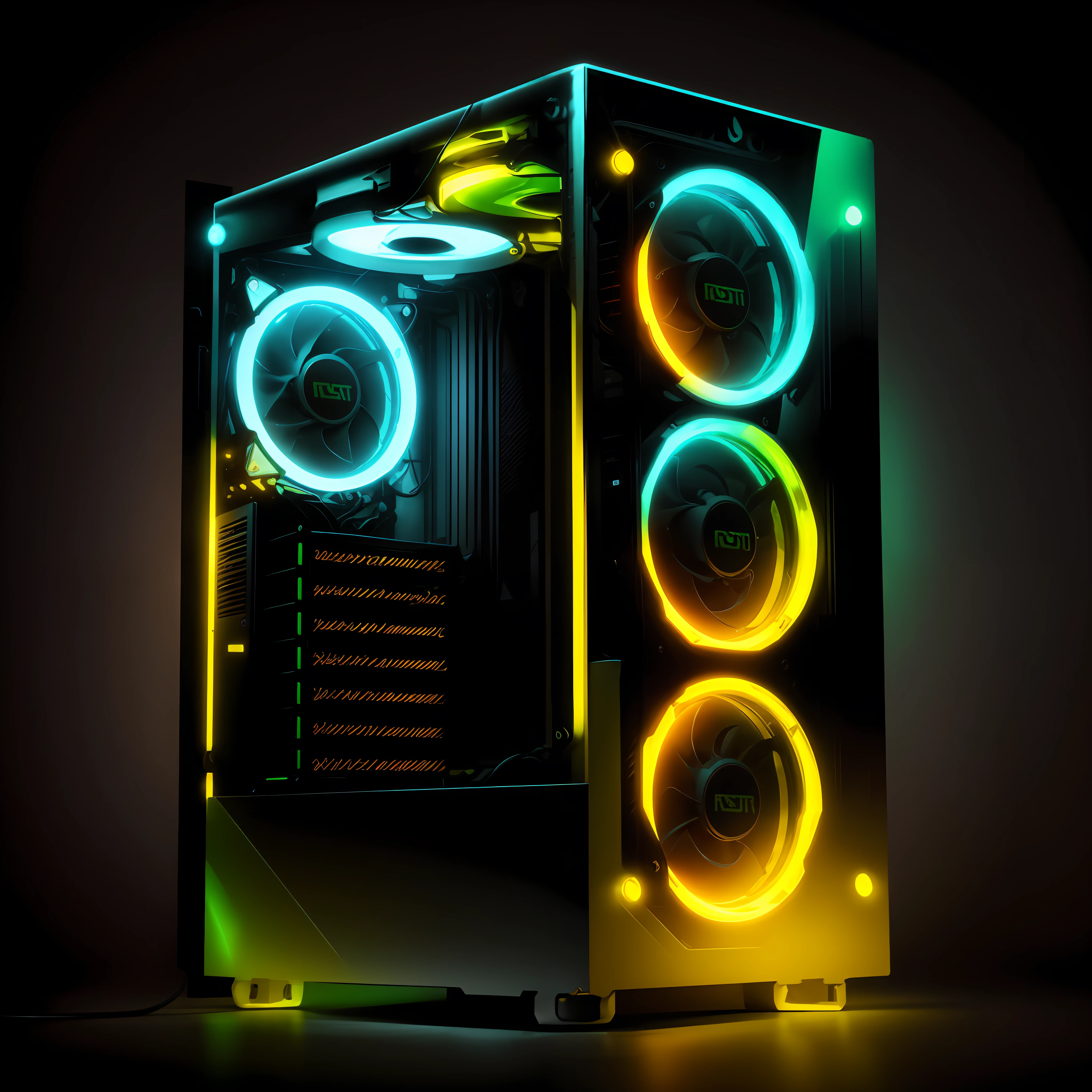 a close up of a computer case with two fans on it, gaming pc case, gaming computers, gaming pc, pc gaming, custom computer, pc, rgb, futuristic yellow lens, aurora, rtx, black. yellow, upright, desktop computer, rgb ethereal lighting, yellow lighting from right, superior, with fluo colored details