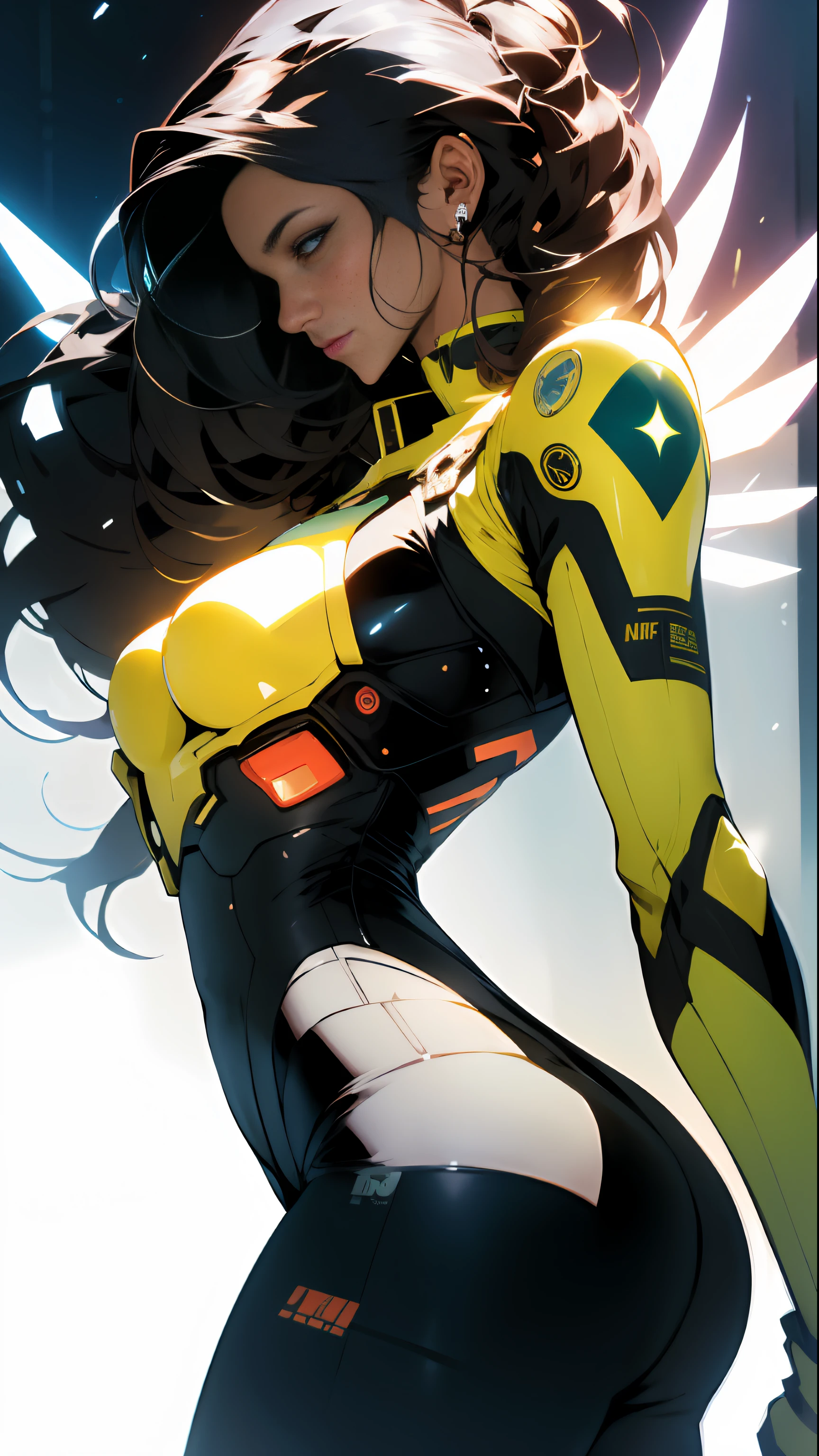 ((Best quality)), ((masterpiece)), (detailed: 1.4), (Absurd), Fighter pilot indigenous woman of Brazil ready for war, on her back, perfect ass, dark skin, with a feather on her head, ornaments typical of the natives of Brazil, defined muscular sculptural body, half thick naked thighs, closed mouth, muscular body covered by technological clothing, Neon Genesis Evangelion style, cyberpunk, generous neckline,  ((perfect medium breasts)), (brown eyes without pupils), ((dark green clothing, with some yellow elements, dark blue arms with white 5-pointed stars)), (((super straight and flowing black hair with heavy bangs over the forehead))), band tied on the arm, long eyelashes heavy makeup, garter belt, by mucha, niji --V5, close to the real, psychopathic, crazy face,  sexy pose, background with a giant Gundam style robot head, 2 piece clothing, shoulder pads with airplane wings on the back, pastel, centered, scale to fit dimensions, HDR (High Dynamic Range),Ray Tracing,NVIDIA RTX,Super-Resolution,Unreal 5,Subsurface dispersion, PBR texture, Post-processing, Anisotropic filtering, Depth of field, Maximum clarity and sharpness, Multilayer textures,  Albedo and specular maps, Surface shading, Accurate simulation of light-material interaction, Perfect proportions, Octane Render, Two-tone lighting, Wide aperture, Low ISO, White balance, Rule of thirds, 8K RAW, crysisnanosuit
