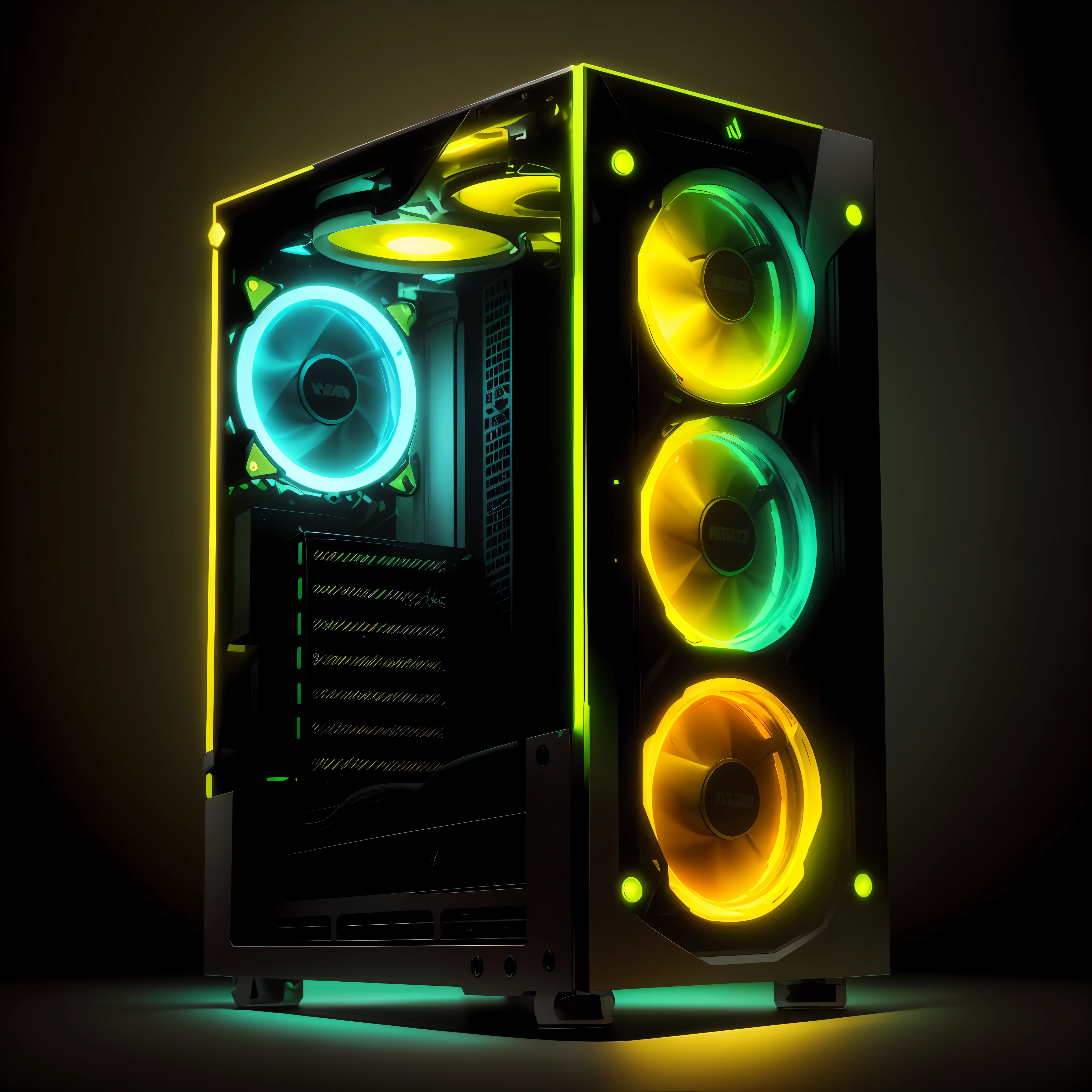 a close up of a computer case with two fans on it, gaming pc case, gaming computers, gaming pc, pc gaming, custom computer, pc, rgb, futuristic yellow lens, aurora, rtx, black. yellow, upright, desktop computer, rgb ethereal lighting, yellow lighting from right, superior, with fluo colored details