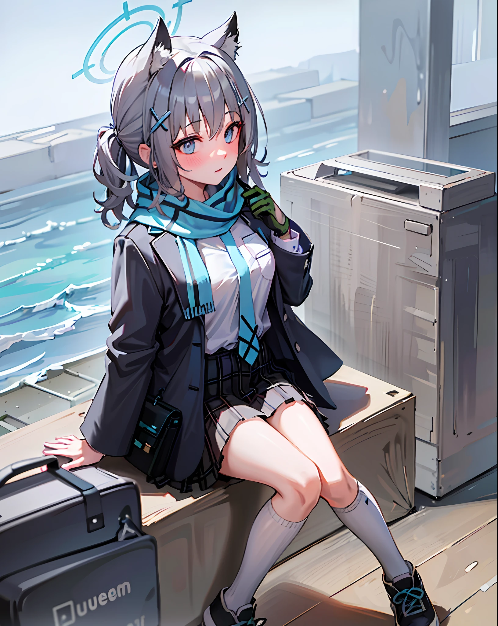 1girl, solo, shiroko (blue archive), animal ears, skirt, scarf, blue eyes, jacket, shirt, white socks, socks, plaid skirt, animal ear fluff, halo, white shirt, looking at viewer, open clothes, bag, hair ornament, shoes, blue scarf, necktie, outdoors, bangs, pleated skirt, open jacket, plaid, grey hair, school uniform, railing, long sleeves, cross hair ornament, shoulder bag, shirt tucked in, blue necktie, kneehighs, black skirt, hair between eyes, extra ears, mismatched pupils, blue jacket, school bag, black bag, blazer, sneakers, striped, closed mouth, pocket, cat ears, striped scarf, fringe trim, medium hair,(((grey hair))),(((blue eyes)))