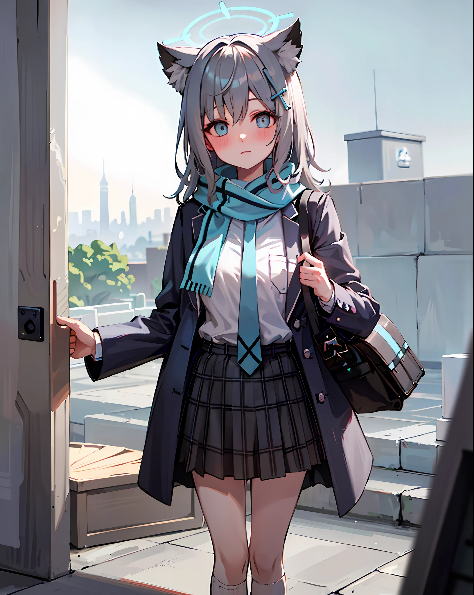 1girl, solo, shiroko (blue archive), animal ears, skirt, scarf, blue eyes, jacket, shirt, white socks, socks, plaid skirt, animal ear fluff, halo, white shirt, looking at viewer, open clothes, bag, hair ornament, shoes, blue scarf, necktie, outdoors, bangs, pleated skirt, open jacket, plaid, grey hair, school uniform, railing, long sleeves, cross hair ornament, shoulder bag, shirt tucked in, blue necktie, kneehighs, black skirt, hair between eyes, extra ears, mismatched pupils, blue jacket, school bag, black bag, blazer, sneakers, striped, closed mouth, pocket, cat ears, striped scarf, fringe trim, medium hair,(((grey hair))),(((blue eyes)))