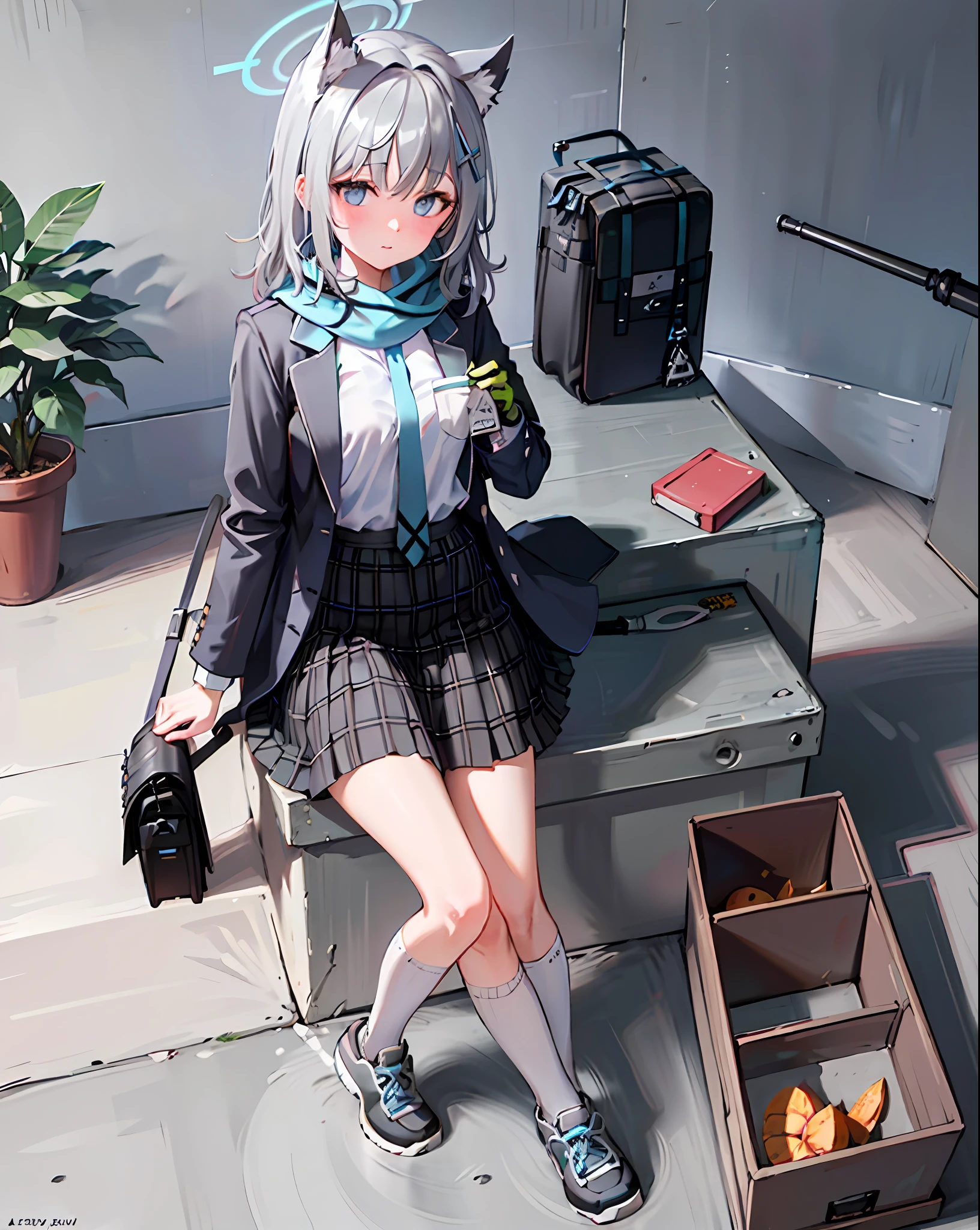 1girl, solo, shiroko (blue archive), animal ears, skirt, scarf, blue eyes, jacket, shirt, white socks, socks, plaid skirt, animal ear fluff, halo, white shirt, looking at viewer, open clothes, bag, hair ornament, shoes, blue scarf, necktie, outdoors, bangs, pleated skirt, open jacket, plaid, grey hair, school uniform, railing, long sleeves, cross hair ornament, shoulder bag, shirt tucked in, blue necktie, kneehighs, black skirt, hair between eyes, extra ears, mismatched pupils, blue jacket, school bag, black bag, blazer, sneakers, striped, closed mouth, pocket, cat ears, striped scarf, fringe trim, medium hair,(((grey hair))),(((blue eyes)))