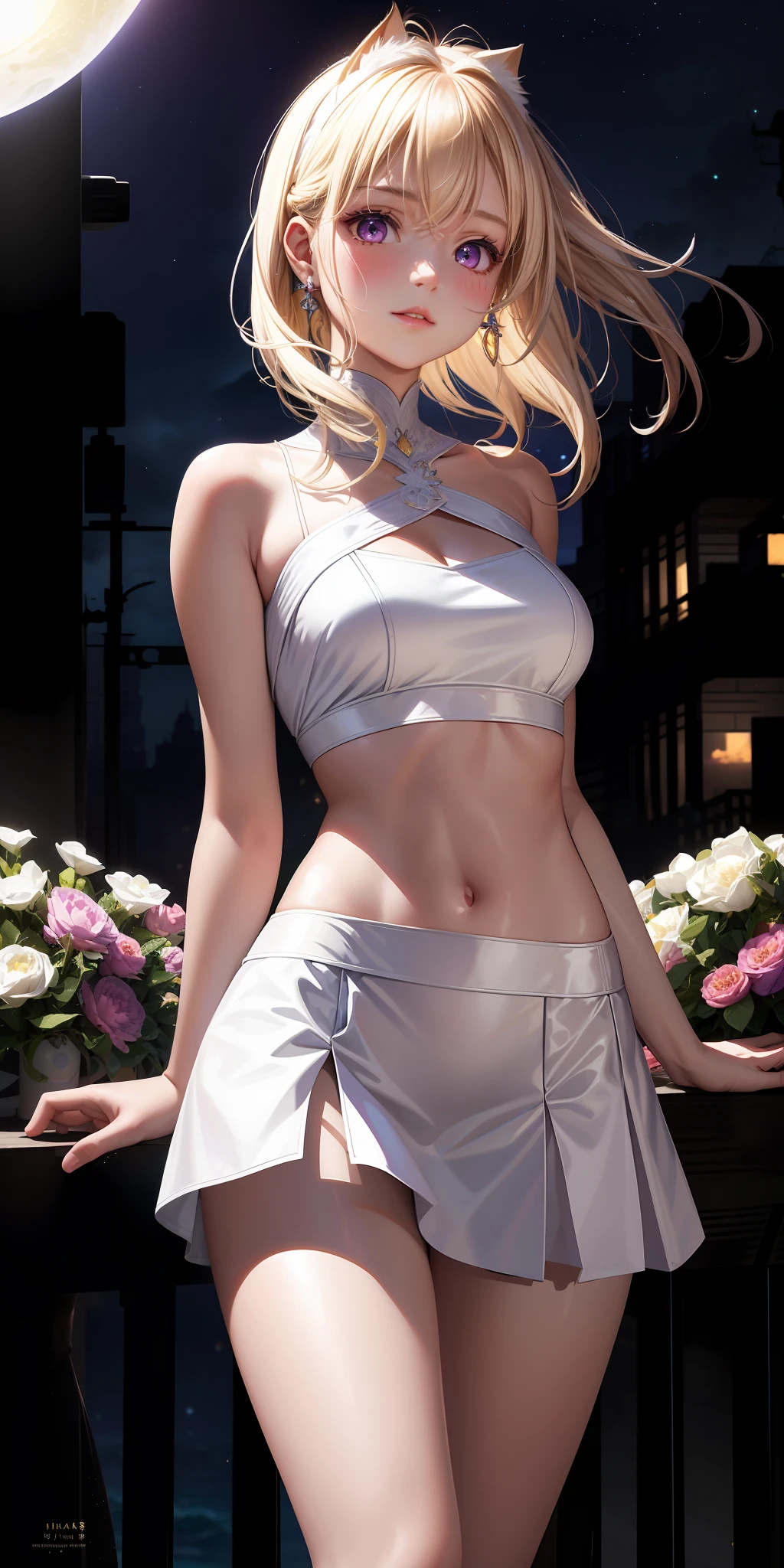 Realistic, 1girl, long blond wavy hair, purple eyes, glowing eyes, short dress, showing shoulder, parted lips, blush, night, cat ears, sun, sunlight, earrings, little horn, real, warm colors, white short Dress, light background color, day environment, bright color background, saudi, ocean, cute,