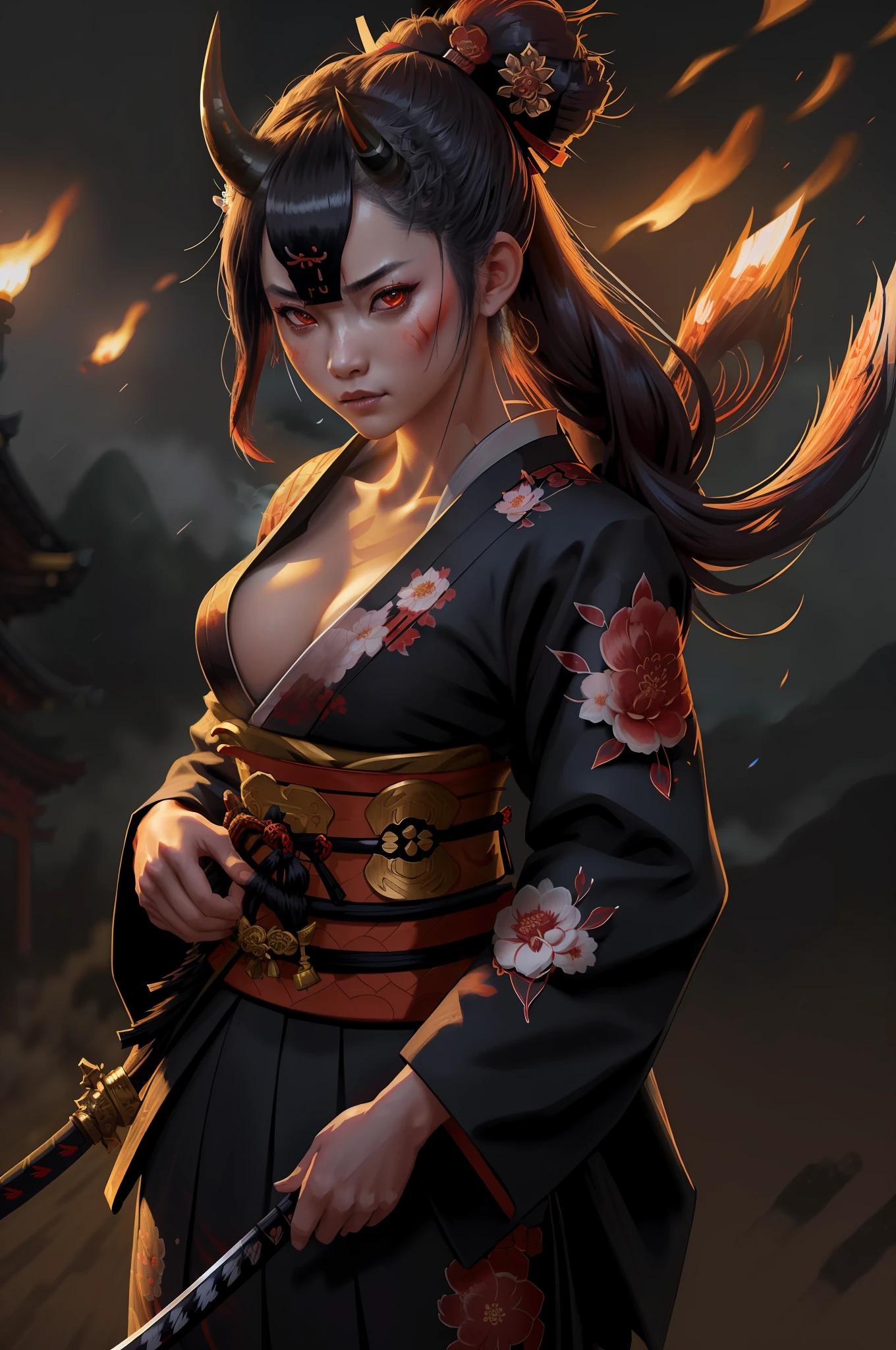 girl,samurai,(traditional_media,illustration:1.4),flowers in hair,kimono,wielding katana,normal_breasts,(oni, horns, detailed_eyes),fighting_pose ,(masterpiece,detailed,highres,cinematic,atmospheric:1.4), (hotify:0.6)