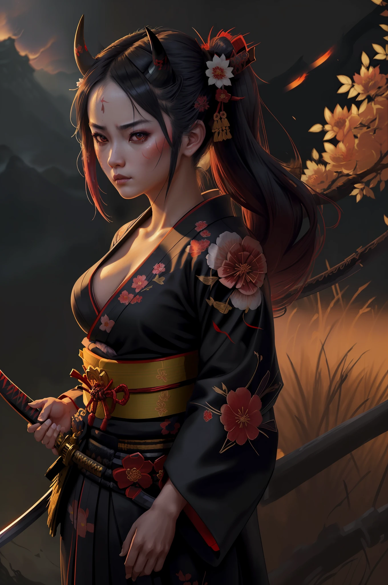 girl,samurai,(traditional_media,illustration:1.4),flowers in hair,kimono,wielding katana,normal_breasts,(oni, horns, detailed_eyes),fighting_pose ,(masterpiece,detailed,highres,cinematic,atmospheric:1.4), (hotify:0.6)