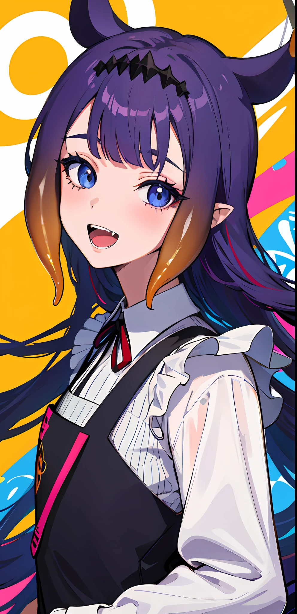 masterpiece, high quality, highres, absurdres, ultra-detailed, detailed eyes, 8k, ti-emb_kobo-kanaeru, 1girl, colorful eyes, fangs, open mouth, bangs, colorful background, looking at viewer, vibrant, contrast, red hair, red hair, gradient hair, happy, graffiti wall background, water splash, close up, 2d, masterpiece, best quality, anime, highly detailed face, highly detailed eyes, highly detailed background, perfect lighting, 1girl, solo, ina_beret, tentacle hair, pinafore dress, ribbon, smile small breast