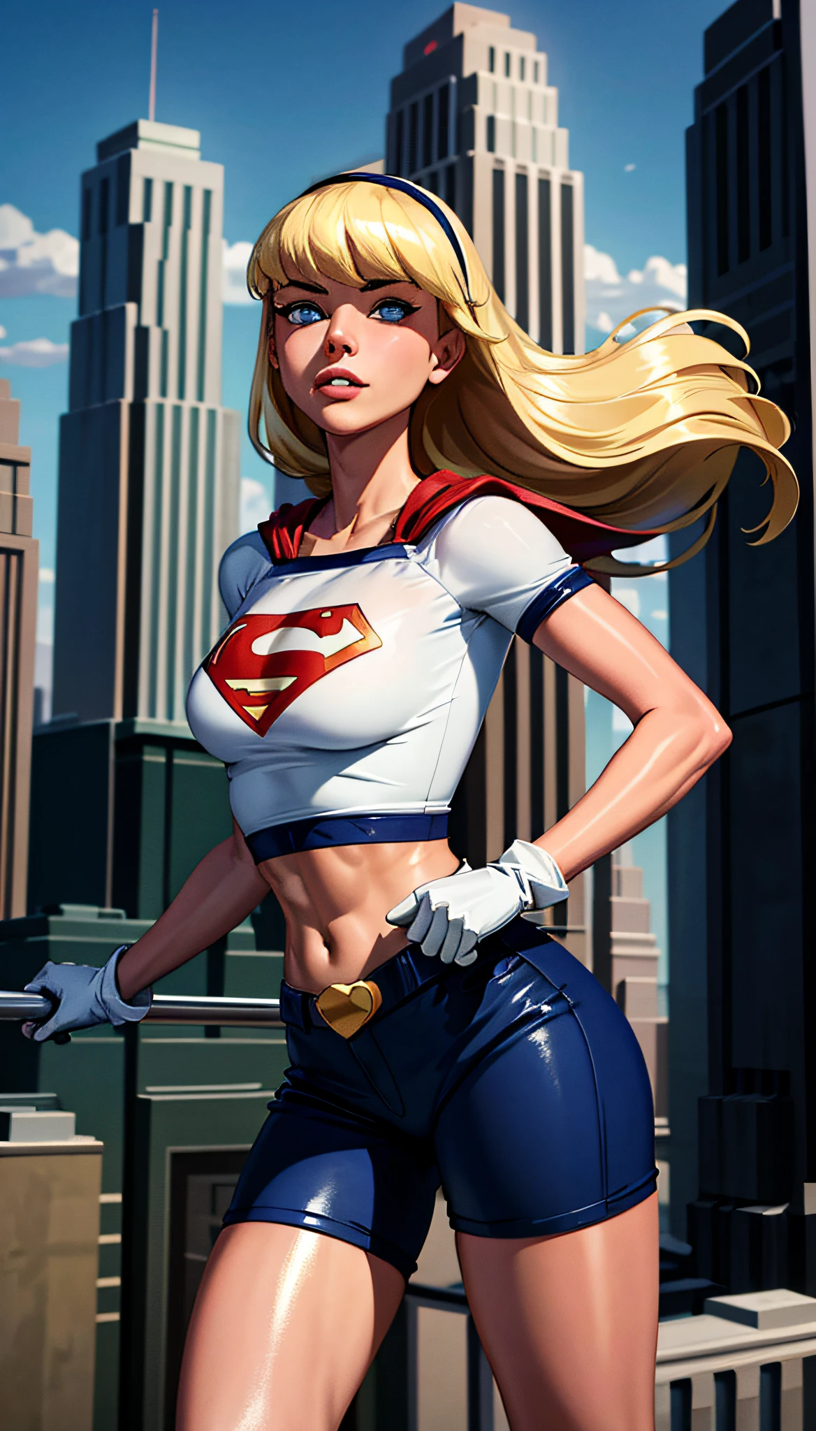 (cowboy shot), SFW, (masterpiece), (best quality: 1.0), (ultra highres: 1.0), detailed eyes,
BREAK
Supergirl, 1girl, long blonde hair,  
Hair band, \(white\) crop top, dolphin shorts, gloves, boots
BREAK
(clouds, city, stunning view)