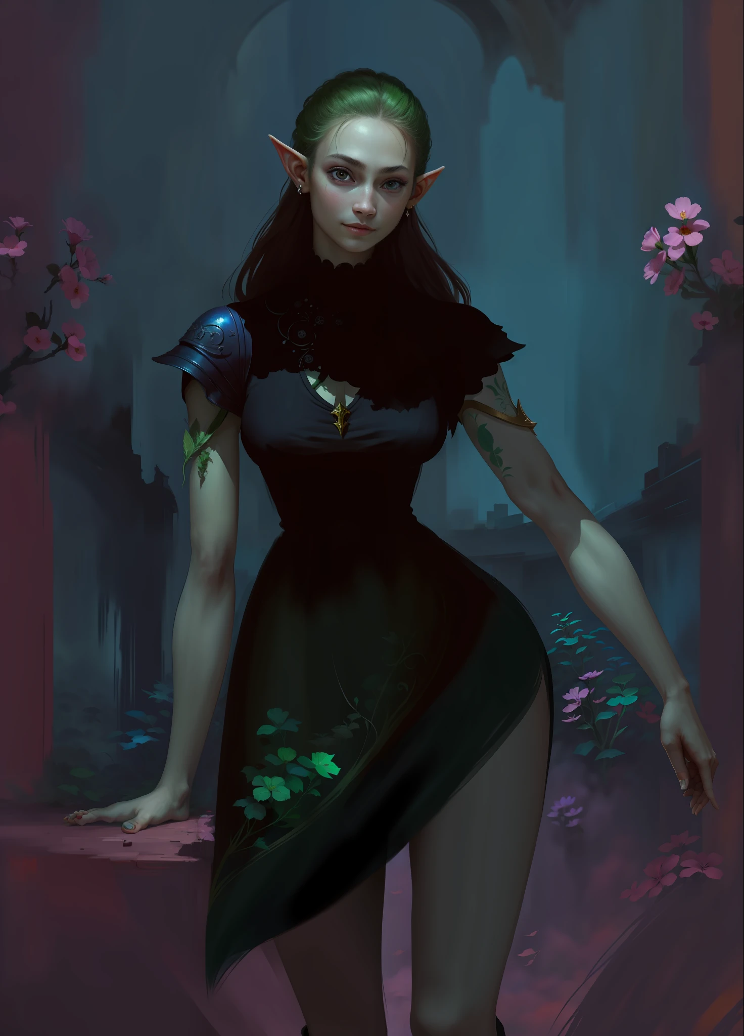 Hyper detailed painting portrait of a gorgeous elf woman, standing in an old dungeon, floating in the sky, meadow, dancing, holding flowers, playful smile, perfect quality, clear focus (clutter-home: 0.8), (masterpiece: 1.2), (Realistic: 1.2), (Bokeh), (Best quality), (Detailed skin: 1.3), (Intricate details), (8K), (Detail total black Eyes), (Sharp Focus), mysterious ambience