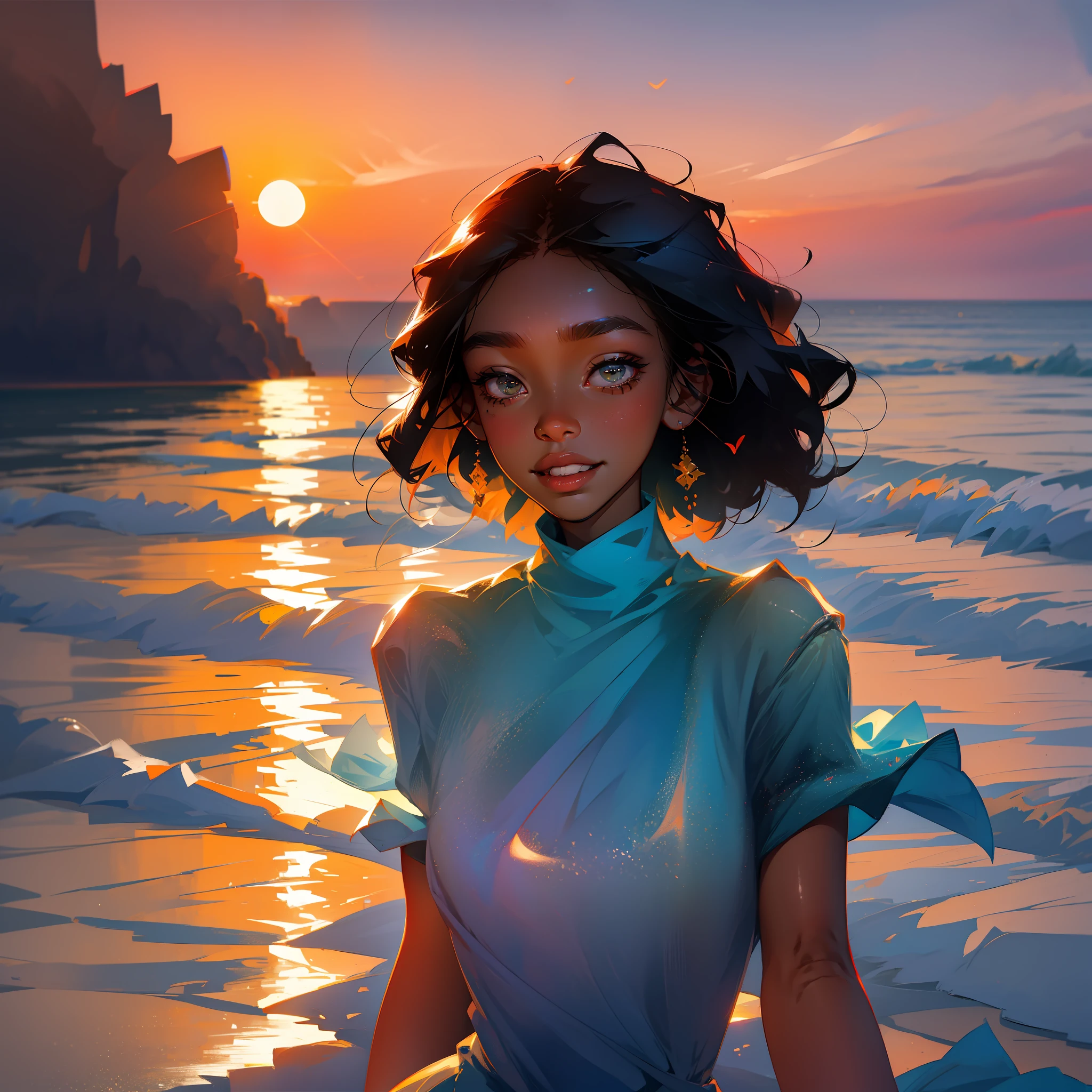 Dark-skinned woman with a smile of peace and sadness at the same time, in front of the serene sea with a sunset in the background