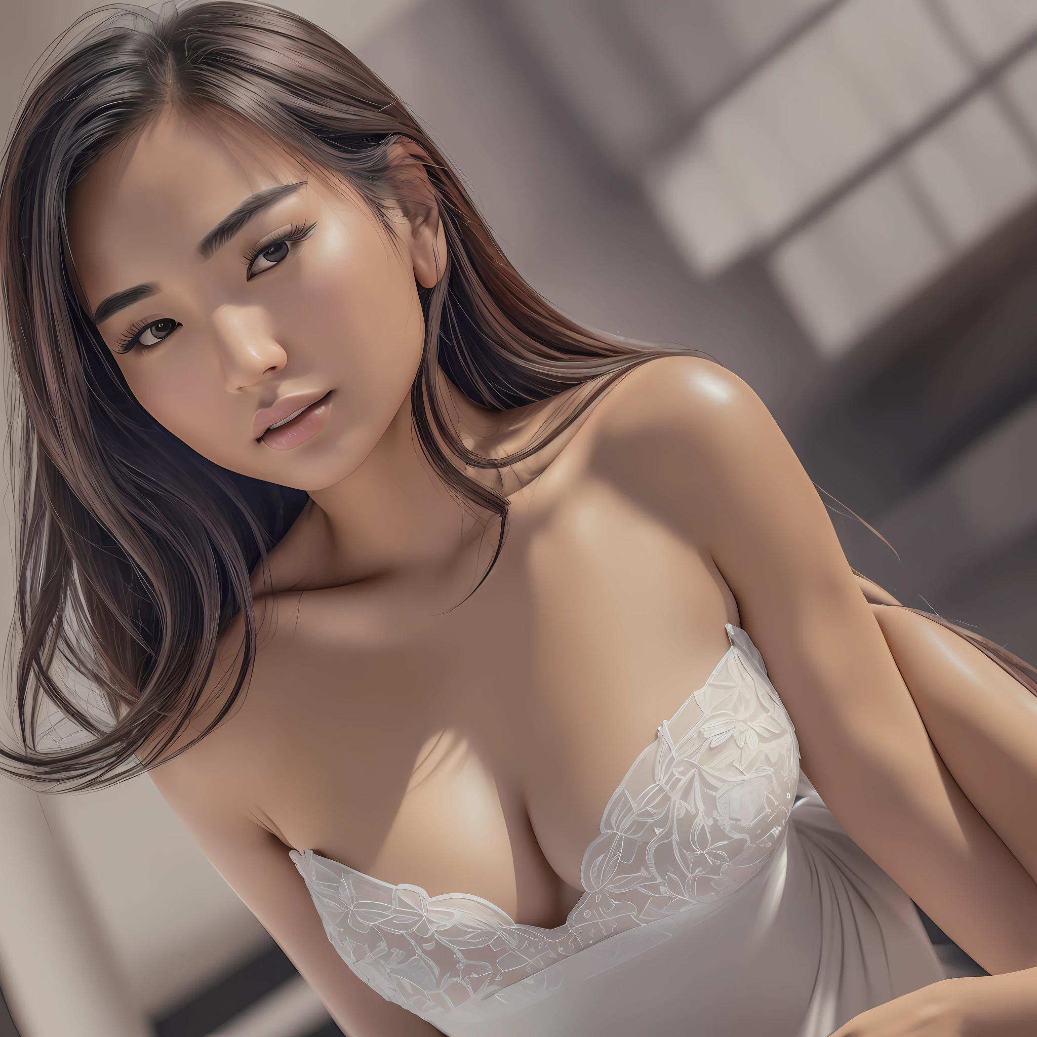 Asian woman looks like Gal Gadot, modern strapless dress, medium chest, seductive posture, sexy pose, seductive, 

RAW photo, solo, instagram, from below, ((masterpiece, extremely detailed, best quality, highres: 1.2, realistic: 1.3, (extremely delicate and beautiful: 0.9), realistic face, realistic hair))), dynamic angle, 8k uhd, dslr, (ultra_detailed, UHD: 1.2), photography, (detailed face), clean face, --auto --s2