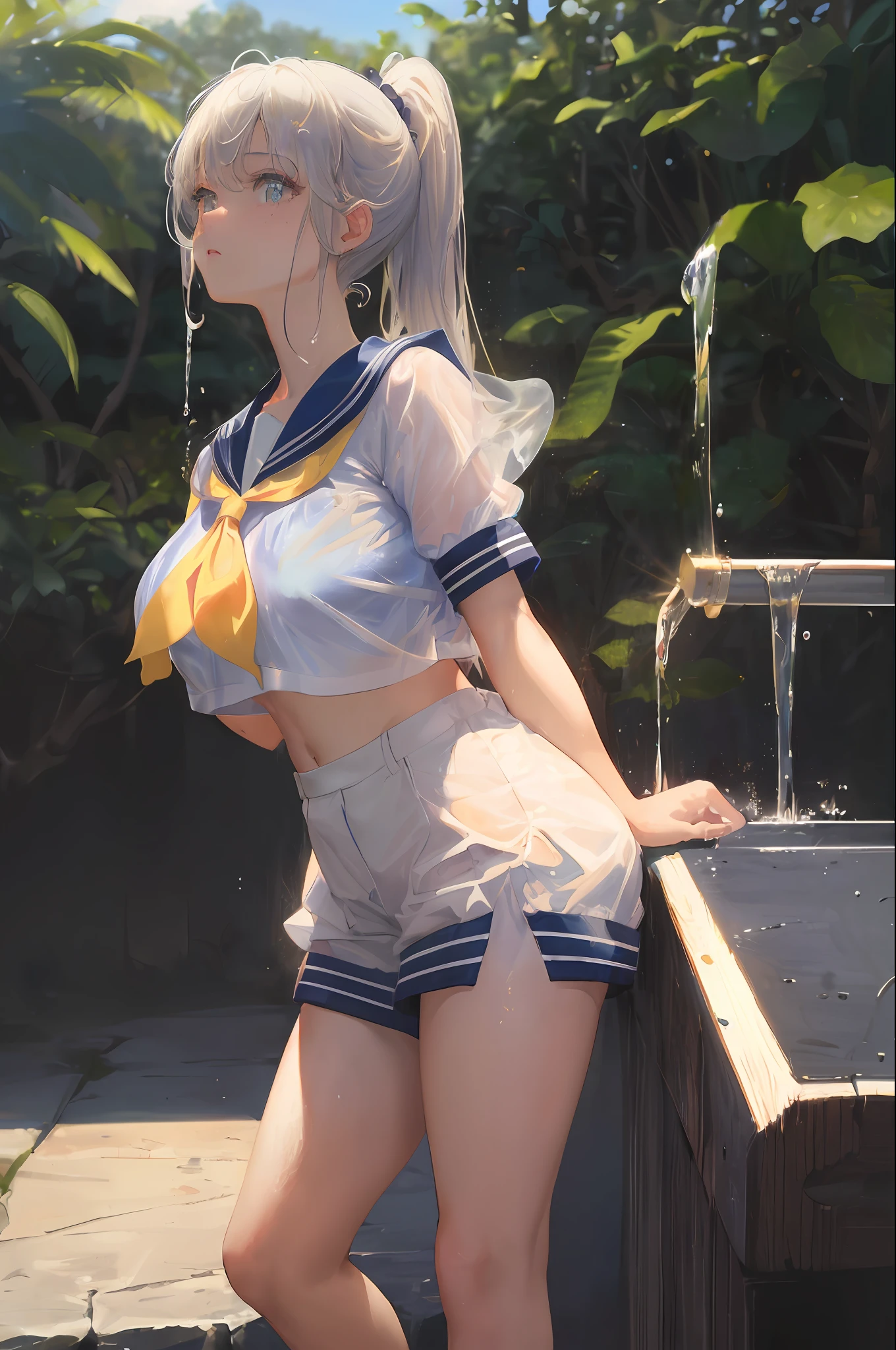 Cornflower art, dreamy, (masterpiece, top quality, perfect anatomy, beautiful face, realistic, super detailed, 1 girl, 18 ears senile, solo, depth of field, canon 24mm lens, f1.4, cute_girl, sailor_ collar, clear facial features, short sleeves, big, slender stature, height 170, barefoot, double ponytail, bangs, gravure pose, outdoor, jungle, blurred background, (Uwabaki: 1.1576)) all over body, clear liquid dripping from the crotch, the front of the shirt is exposed, the breasts are visible, the bra is not on,