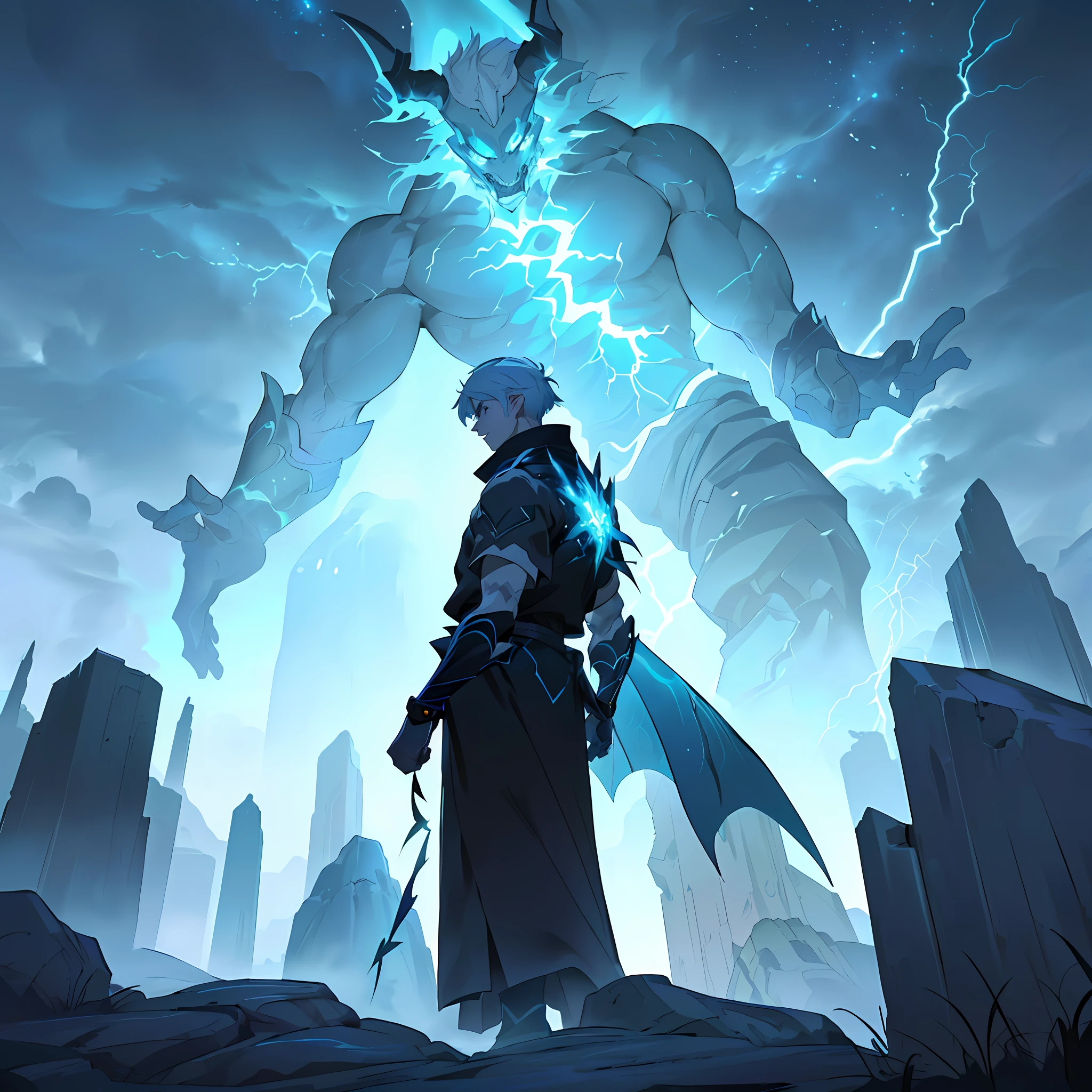 anime character standing in front of a giant monster with lightning, artgerm and atey ghailan, 2. 5 d cgi anime fantasy artwork, an ominous fantasy illustration, style of duelyst, anime epic artwork, epic fantasy digital art style, detailed digital 2d fantasy art, android jones and atey ghailan, digital 2d fantasy art