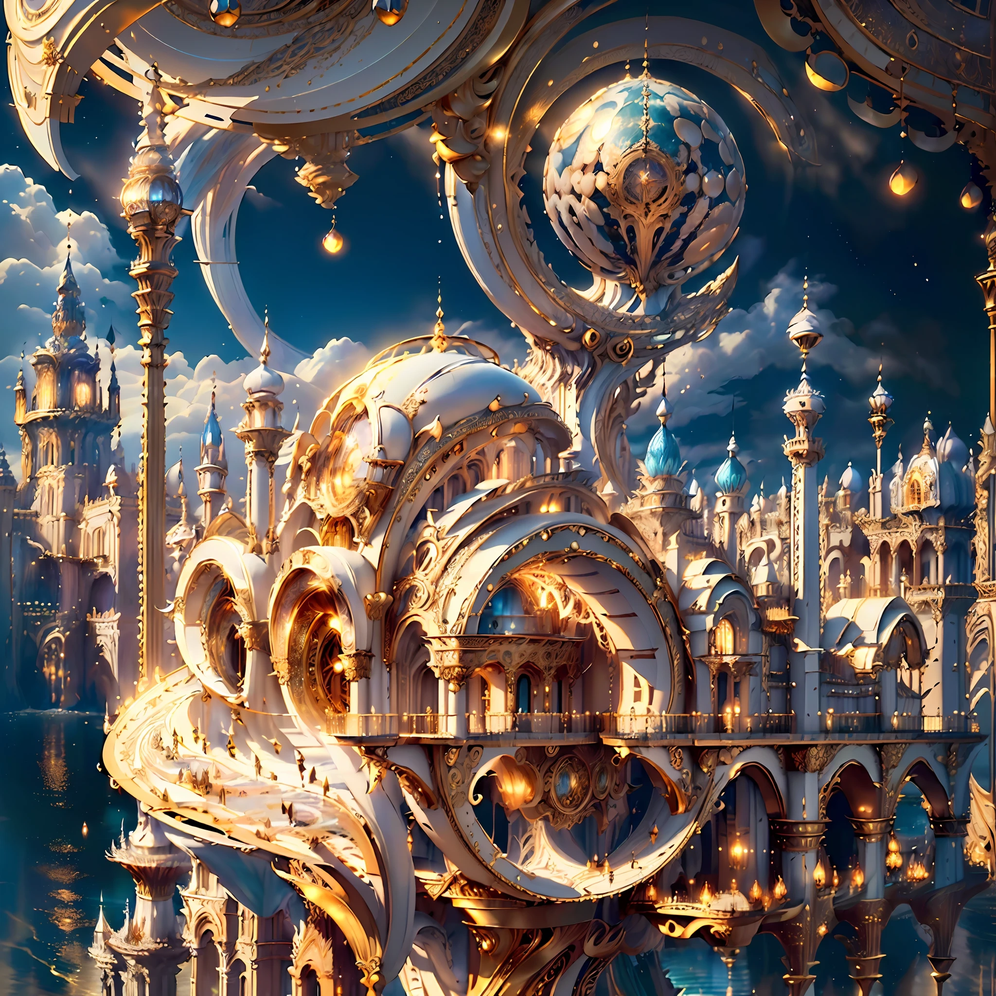 ((((Masterpiece)), Ivory Gold AI City at Night, Isometric, 3D rendering, Very high definition, High detail, There is a big clock on a plate in the water, gorgeous spaceship painting, 4K highly detailed digital art, gorgeous gilded space machine, golden steampunk city atmosphere, fantasy. gondola boat, shocking fantasy 3d rendering, futuristic persian palace, fantasy highly detailed, beautiful detailed fantasy, futuristic palace, detailed fantasy digital art, magic fantasy highly detailed