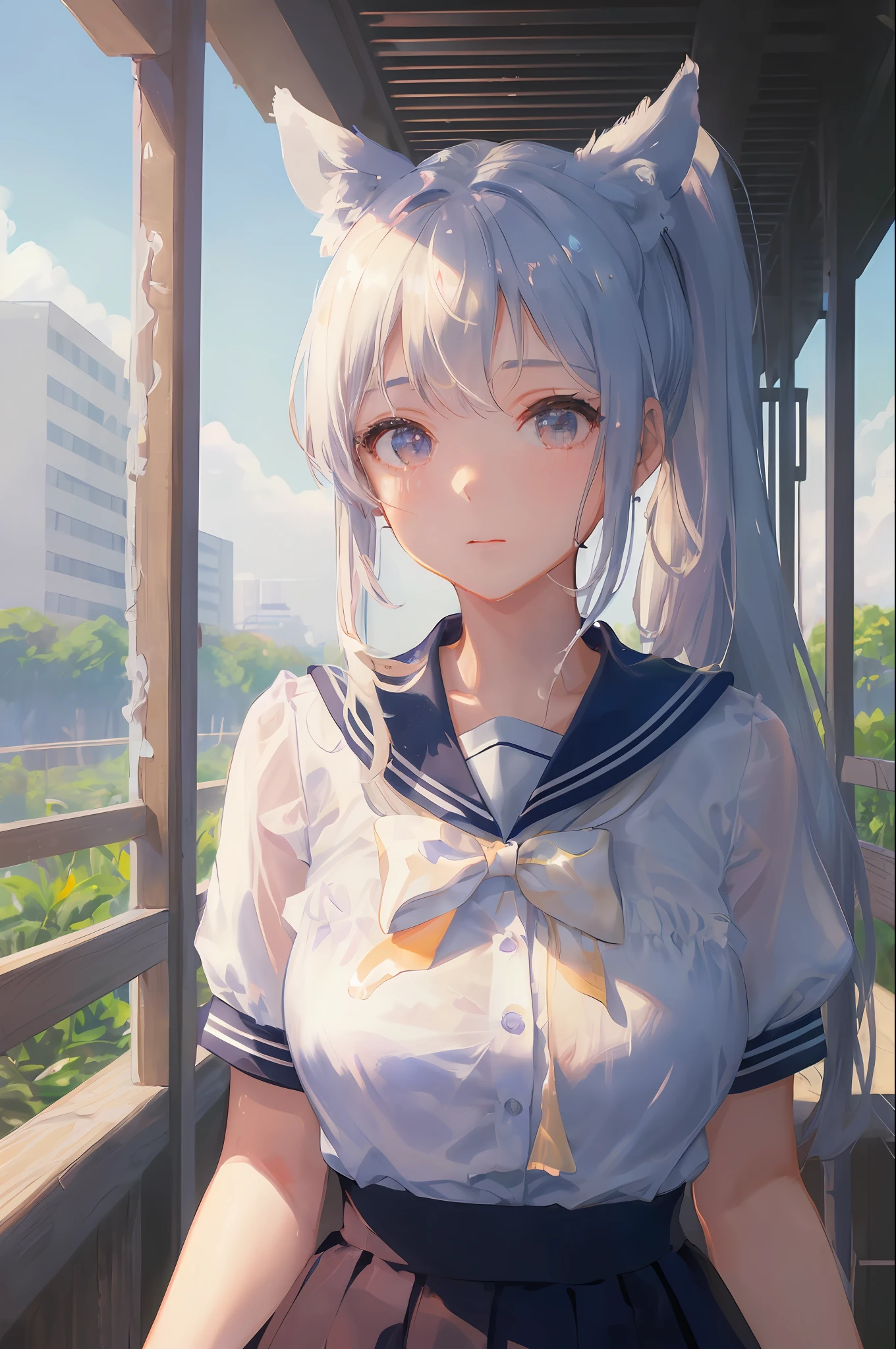 Cornflower art, dreamy, (masterpiece, top quality, perfect anatomy, beautiful face, realistic, super detailed, 1 girl, 18 ears senile, solo, depth of field, canon 24mm lens, f1.4, cute_girl, sailor_ collar, clear facial features, short sleeves, big, slender stature, height 170, barefoot, double ponytail, bangs, gravure pose, outdoor, jungle, blurred background, (Uwabaki: 1.1576)) all over body, clear liquid dripping from the crotch, the front of the shirt is exposed, the breasts are visible, the bra is not on,