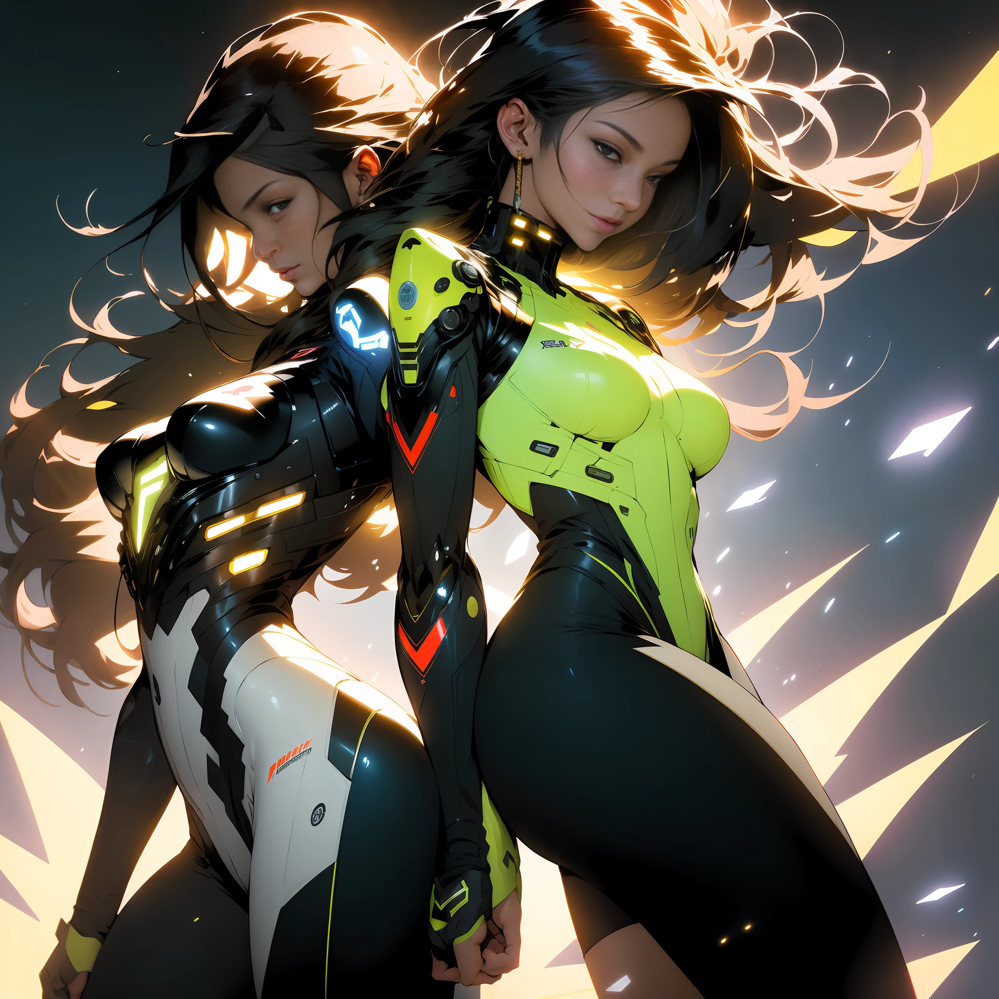 ((Best quality)), ((masterpiece)), (detailed: 1.4), (Absurd), Fighter pilot indigenous woman of Brazil ready for war, on her back, perfect ass, dark skin, with a feather on her head, ornaments typical of the natives of Brazil, defined muscular sculptural body, half thick naked thighs, closed mouth, muscular body covered by technological clothing, Neon Genesis Evangelion style, cyberpunk, generous neckline, ((perfect medium breasts)), (brown eyes without pupils), ((dark green clothing, with some yellow elements, dark blue arms with white 5-pointed stars)), (((super straight and flowing black hair with heavy bangs over the forehead))), band tied on the arm, long eyelashes heavy makeup, garter belt, by mucha, niji --V5, close to the real, psychopathic, crazy face, sexy pose, background with a giant Gundam style robot head, 2 piece clothing, shoulder pads with airplane wings on the back, pastel, centered, scale to fit dimensions, HDR (High Dynamic Range),Ray Tracing,NVIDIA RTX,Super-Resolution,Unreal 5,Subsurface dispersion, PBR texture, Post-processing, Anisotropic filtering, Depth of field, Maximum clarity and sharpness, Multilayer textures, Albedo and specular maps, Surface shading, Accurate simulation of light-material interaction, Perfect proportions, Octane Render, Two-tone lighting, Wide aperture, Low ISO, White balance, Rule of thirds, 8K RAW, crysisnanosuit