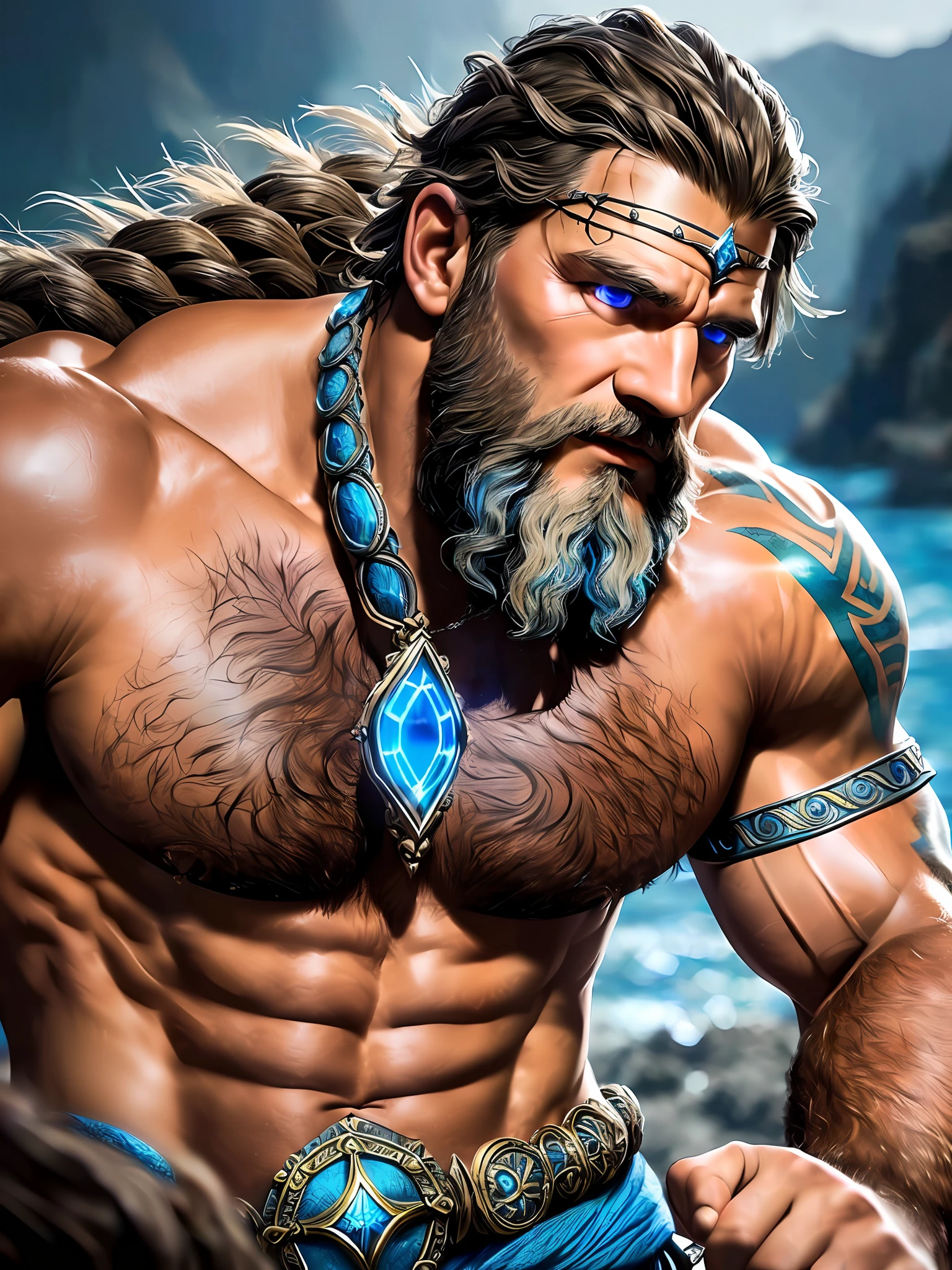 A close up photo of the God Poseidon with a chain around his neck (glowing blue chain:1.2) (in hand:1.2), fantasy art, avatar image, profile picture 1024px, viking and templar aesthetics, adorned with precious stones, cg artist, ultra detailed portrait, struggling to remain relevant in age-old battles, screaming, (hairy man:1.2), realistic motion action photo, (((hdr))), hyperdetailed, cinematic, cool lights, intricate details, muscle, perspective view, UHD, 64k, unreal. --auto --s2