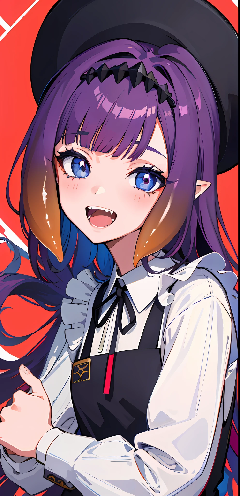 masterpiece, high quality, highres, absurdres, ultra-detailed, detailed eyes, 8k, ti-emb_kobo-kanaeru, 1girl, colorful eyes, fangs, open mouth, bangs, colorful background, looking at viewer, vibrant, contrast, red hair, red hair, gradient hair, happy, graffiti wall background, water splash, close up, 2d, masterpiece, best quality, anime, highly detailed face, highly detailed eyes, highly detailed background, perfect lighting, 1girl, solo, ina_beret, tentacle hair, pinafore dress, ribbon, smile small breast