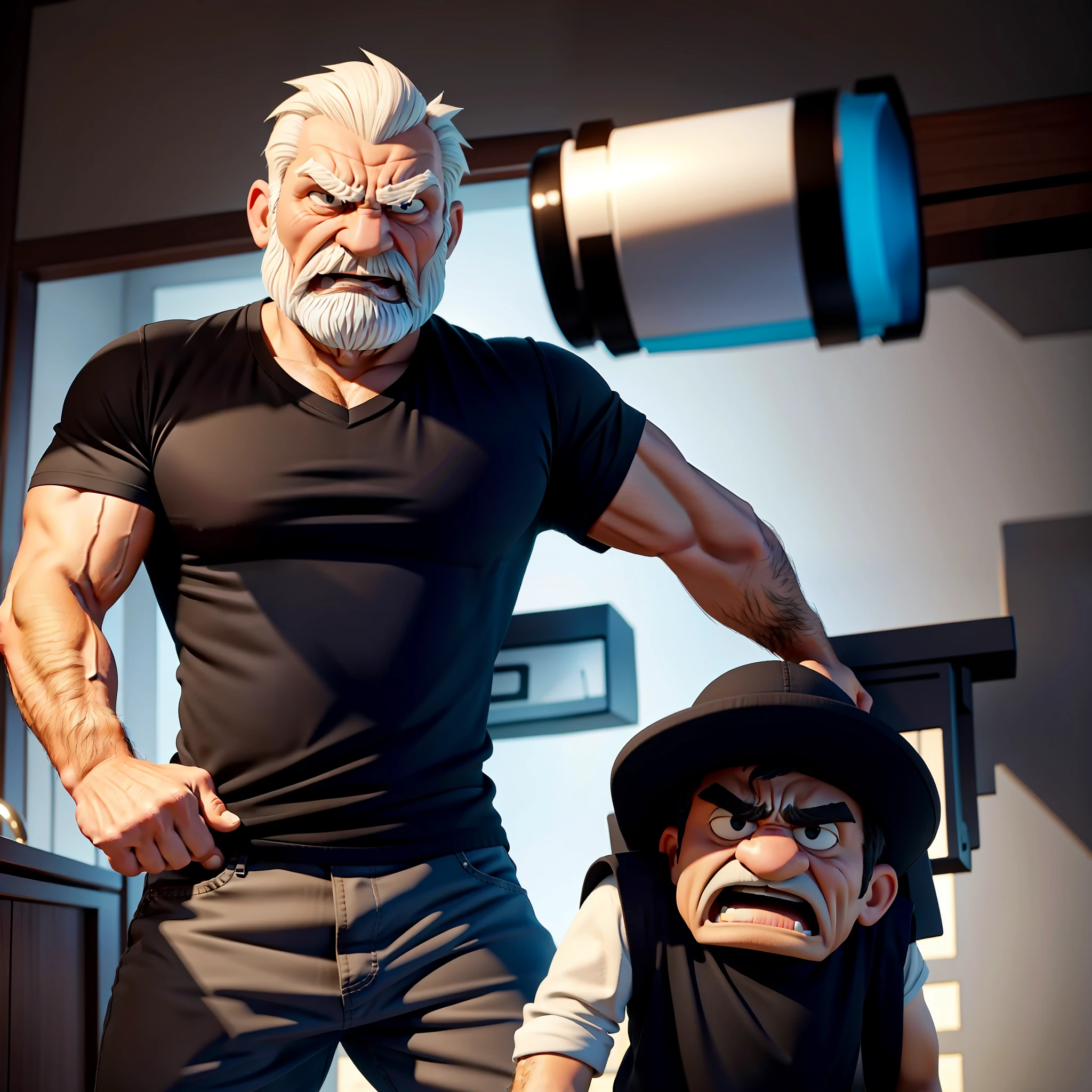 Create an 8K cartoon drawing of a full-length, well-muscled, angry old man in a black white-striped shirt. Make sure you only have an old man, and that the resulting image has a cartoon look, with vibrant colors and soft edges. Add details to give the old man an angry look, such as furrowed eyebrows and a tight mouth. Make sure that the black shirt striped with white is an important element of the image, and add details to make it attractive and interesting. Add textures and details to make the image more realistic, such as the appearance of the shirt's texture and the appearance of the skin. Make sure the resulting image is a high resolution, 8K quality." —c 10 —ar 2:3
