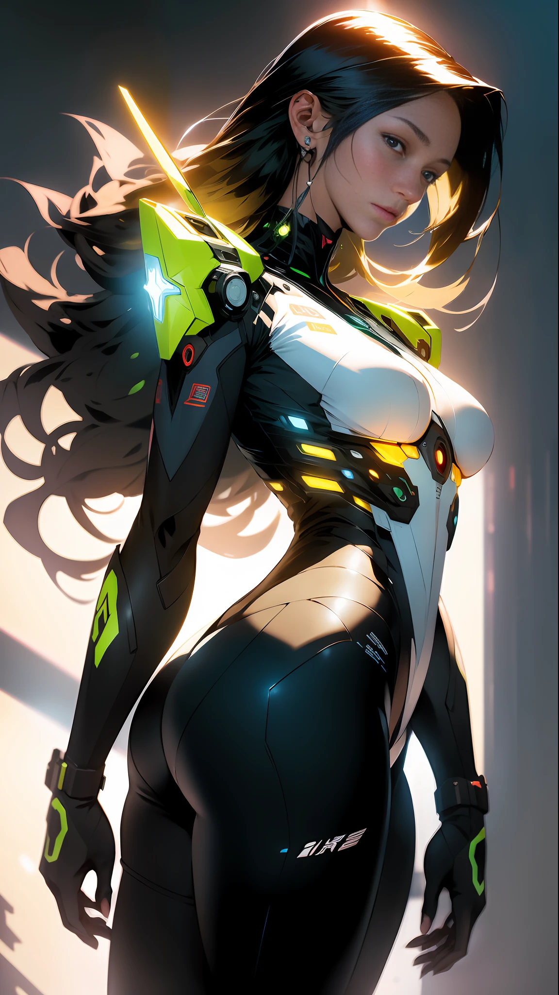 ((Best quality)), ((masterpiece)), (detailed: 1.4), (Absurd), Fighter pilot indigenous woman of Brazil ready for war, on her back, perfect ass, dark skin, with a feather on her head, ornaments typical of the natives of Brazil, defined muscular sculptural body, half thick naked thighs, closed mouth, muscular body covered by technological clothing, Neon Genesis Evangelion style, cyberpunk, generous neckline,  ((perfect medium breasts)), (brown eyes without pupils), ((dark green clothing, with some yellow elements, dark blue arms with white 5-pointed stars)), (((super straight and flowing black hair with heavy bangs over the forehead))), band tied on the arm, long eyelashes heavy makeup, garter belt, by mucha, niji --V5, close to the real, psychopathic, crazy face,  sexy pose, background with a giant Gundam style robot head, 2 piece clothing, shoulder pads with airplane wings on the back, pastel, centered, scale to fit dimensions, HDR (High Dynamic Range),Ray Tracing,NVIDIA RTX,Super-Resolution,Unreal 5,Subsurface dispersion, PBR texture, Post-processing, Anisotropic filtering, Depth of field, Maximum clarity and sharpness, Multilayer textures,  Albedo and specular maps, Surface shading, Accurate simulation of light-material interaction, Perfect proportions, Octane Render, Two-tone lighting, Wide aperture, Low ISO, White balance, Rule of thirds, 8K RAW, crysisnanosuit