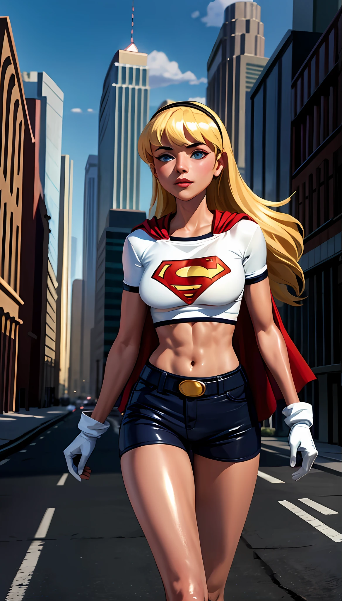 (cowboy shot), SFW, (masterpiece), (best quality: 1.0), (ultra highres: 1.0), detailed eyes,
BREAK
Supergirl, 1girl, long blonde hair,
Hair band, \(white\) crop top, dolphin shorts, gloves, boots
BREAK
(clouds, city, stunning view)