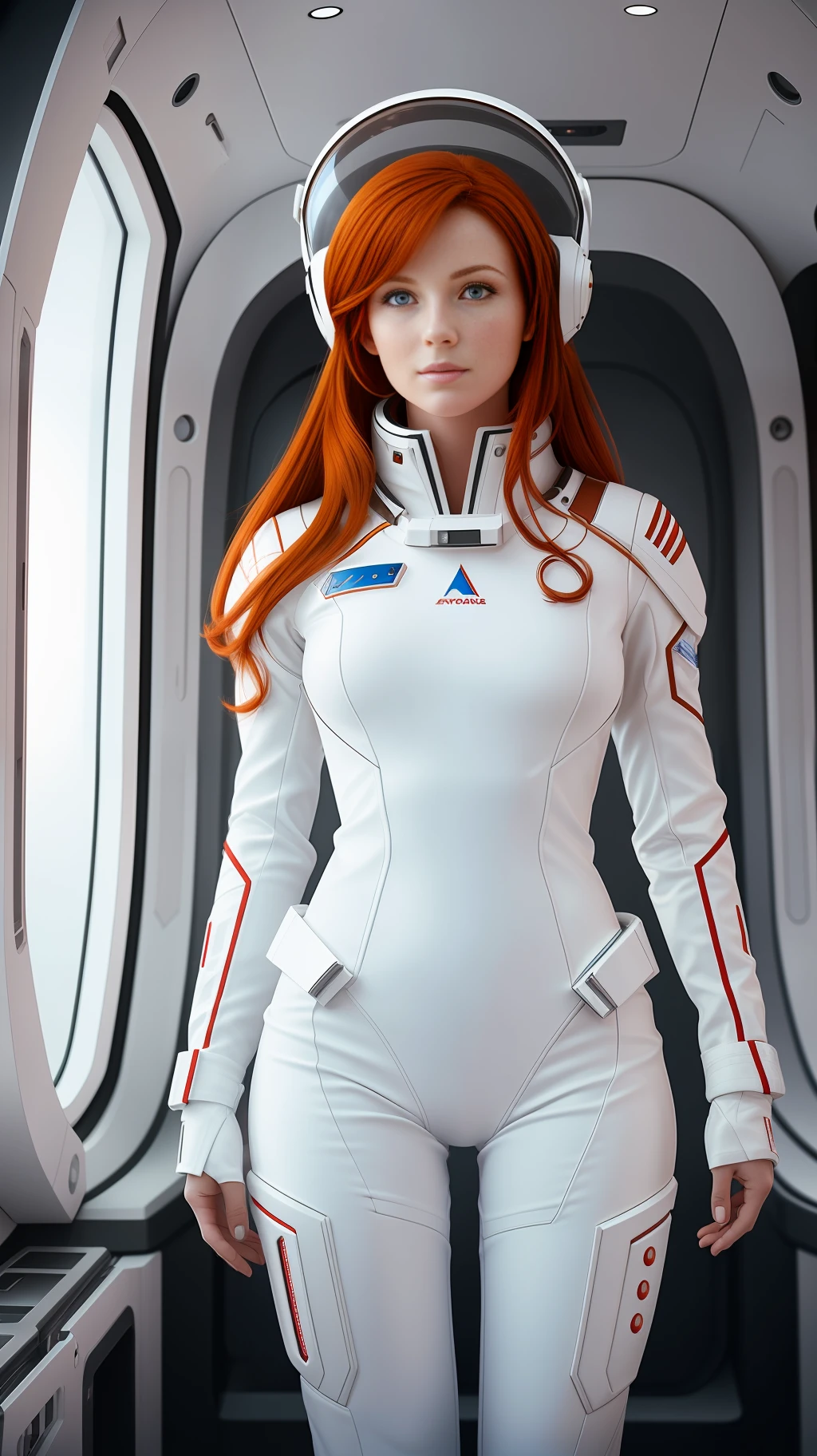 a portrait photograph of a gorgeous redhead in white spacesuit, standing inside the spaceship, attractive, flirtatious, looking at the viewer, detailed skin, highly detailed and diffuse soft lighting, hyperrealism, cinematic lighting --auto --s2