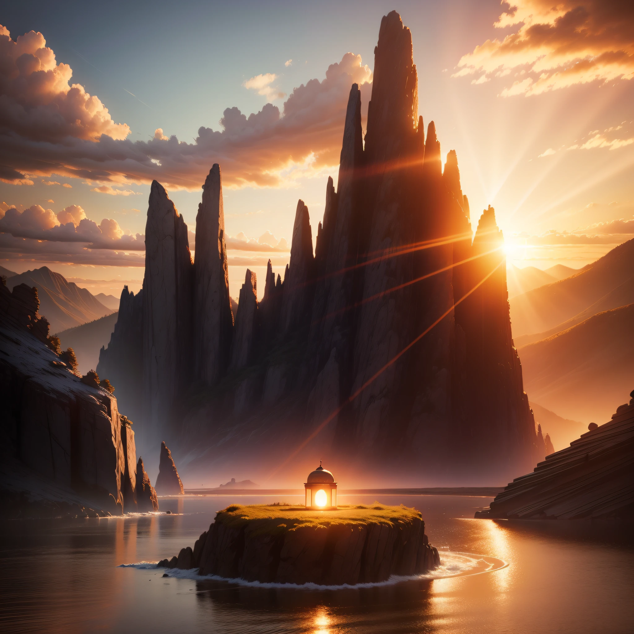 landscape, por do sol, Conceptual art, cinematic lighting, drop shadow, ray tracing, glowing light, god rays, Surrealism, Art Deco, UHD, masterpiece, super detail, high quality, best quality