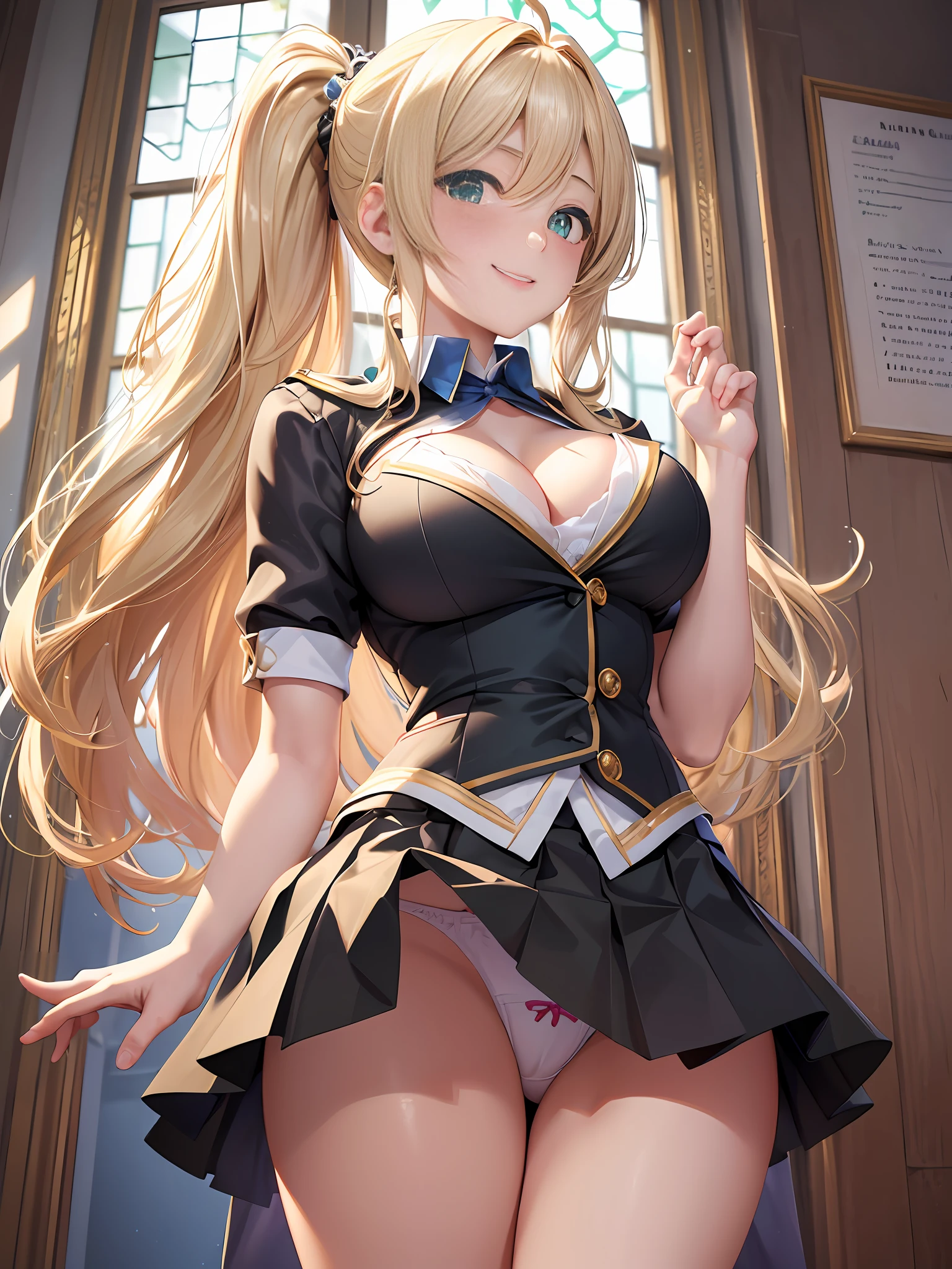 Masterpiece, Best Quality, Official Art, (Highly Detailed CG Unity 8k wallpaper), Detailed background, (Hands by Guido Daniele: 1.1), Feet out of frame, First Person View, 1, Attractive and perfect beautiful woman, Schoolgirl, JK, Schoolgirl uniform, spring, cherry, wind blowing, (((Flipping skirt, panties visible))), ( Curvaceous), ( White thighs: 1.12), ( Blonde Long Hair: 1.12), (Ahoge: 1.13), (High Ponytail: 1.12), (Green Eyes: 1.13), Look at the Beholder, Big, (cleavage), Beautiful Face, (Blush: 1.11), (Smile: 1.11)