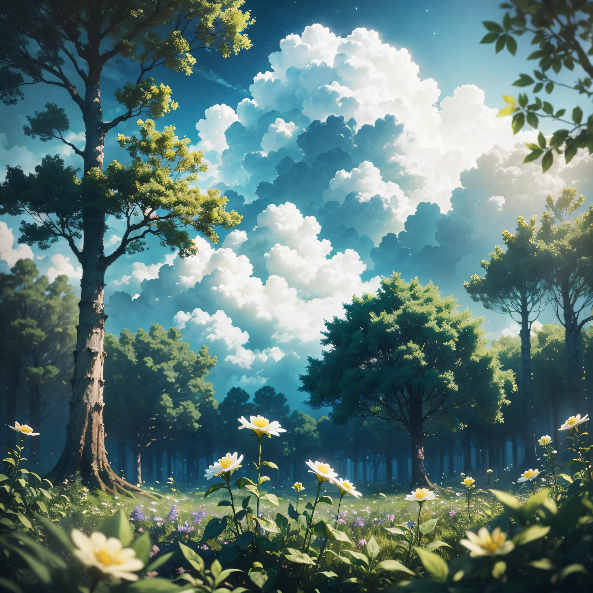 forest, few small flowers, big clouds, blue sky, warm weather, HD detail, hyper-detail, cinematic, surrealism, soft light, bokeh deep field focus, ray tracing --auto --s2