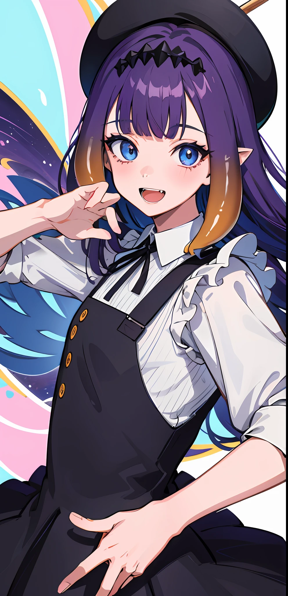 masterpiece, high quality, highres, absurdres, ultra-detailed, detailed eyes, 8k, ti-emb_kobo-kanaeru, 1girl, colorful eyes, fangs, open mouth, bangs, colorful background, looking at viewer, vibrant, contrast, gradient hair, happy, graffiti wall background, water splash, close up, 2d, masterpiece, best quality, anime, highly detailed face, highly detailed eyes, highly detailed background, perfect lighting, 1girl, solo, ina_beret, tentacle hair, pinafore dress, ribbon, smile small breast