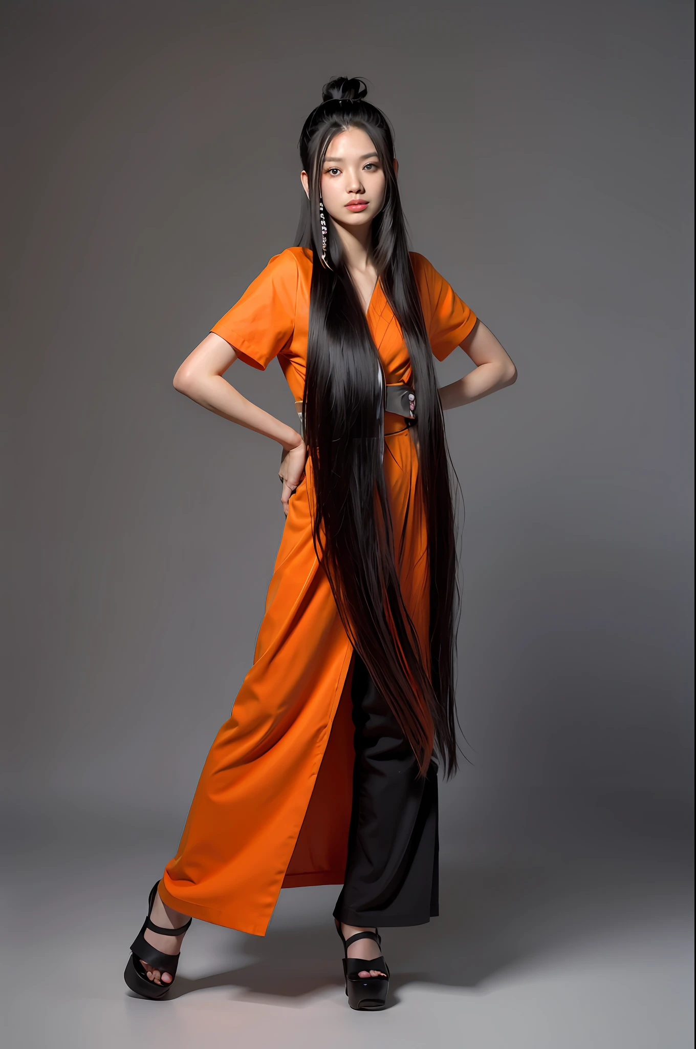 arafed woman with long black hair posing in orange jumpsuit, very long orange hair, extra long hair, extremely long hair, girl with super long hair, very long hair, very long black hair, very long flowing hair, with long hair, her hair is long and straight, waist long hair, very long and unkempt hair, long straight hair