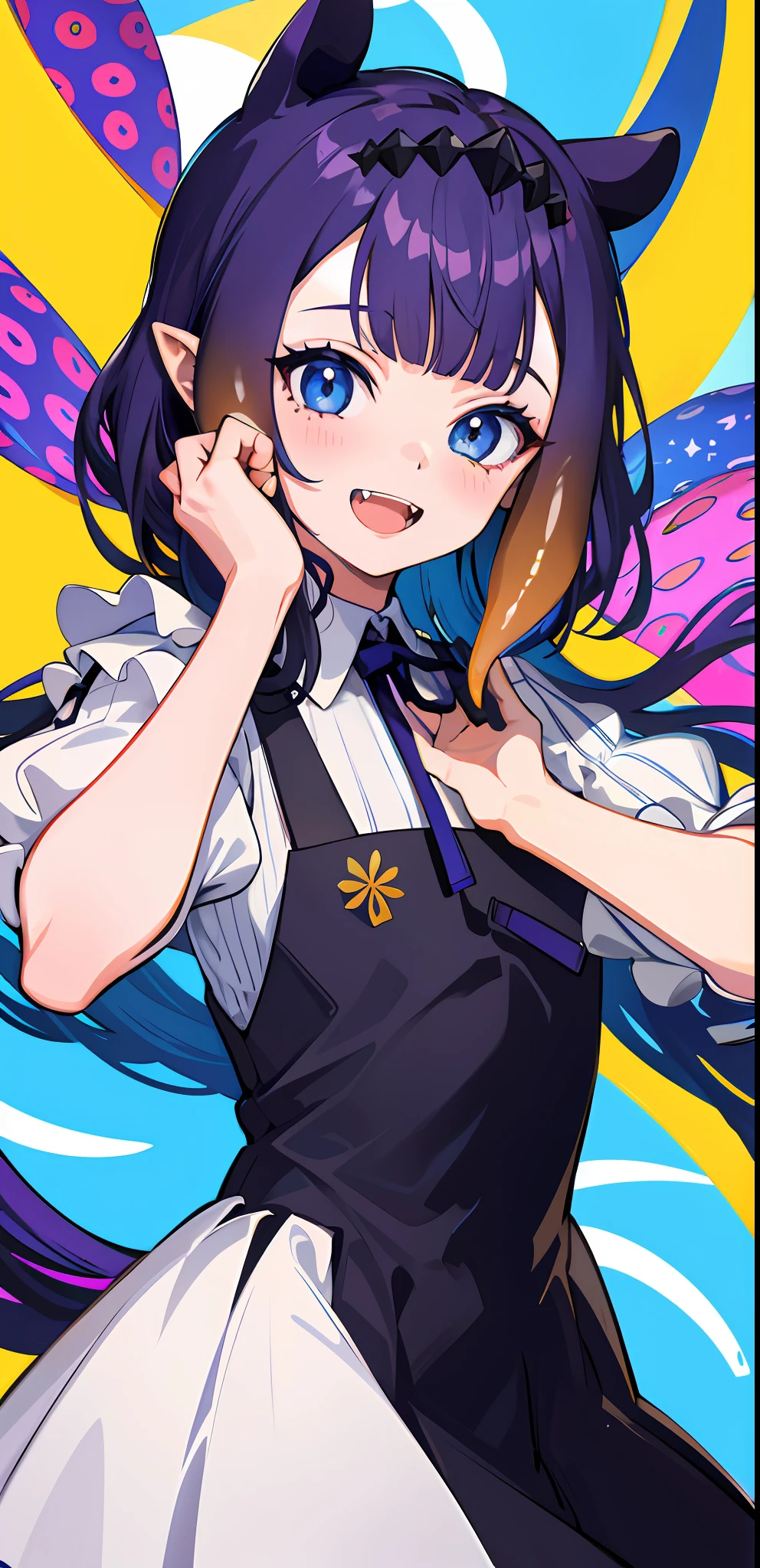 masterpiece, high quality, highres, absurdres, ultra-detailed, detailed eyes, 8k, ti-emb_kobo-kanaeru, 1girl, colorful eyes, fangs, open mouth, bangs, colorful background, looking at viewer, vibrant, contrast, gradient hair, happy, graffiti wall background, water splash, close up, 2d, masterpiece, best quality, anime, highly detailed face, highly detailed eyes, highly detailed background, perfect lighting, 1girl, solo, ina_beret, tentacle hair, pinafore dress, ribbon, smile small breast