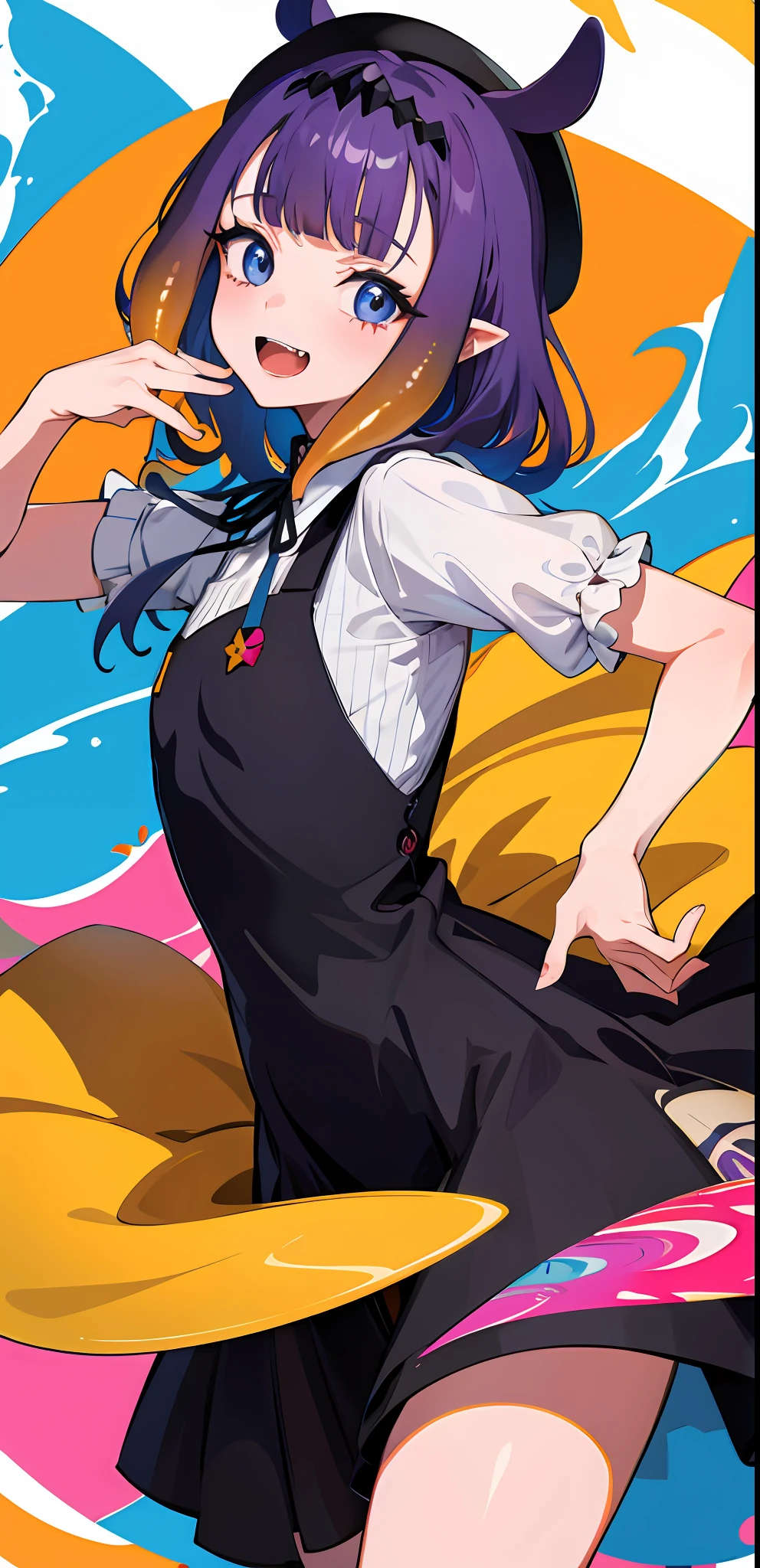masterpiece, high quality, highres, absurdres, ultra-detailed, detailed eyes, 8k, ti-emb_kobo-kanaeru, 1girl, colorful eyes, fangs, open mouth, bangs, colorful background, looking at viewer, vibrant, contrast, gradient hair, happy, graffiti wall background, water splash, close up, 2d, masterpiece, best quality, anime, highly detailed face, highly detailed eyes, highly detailed background, perfect lighting, 1girl, solo, ina_beret, tentacle hair, pinafore dress, ribbon, smile small breast