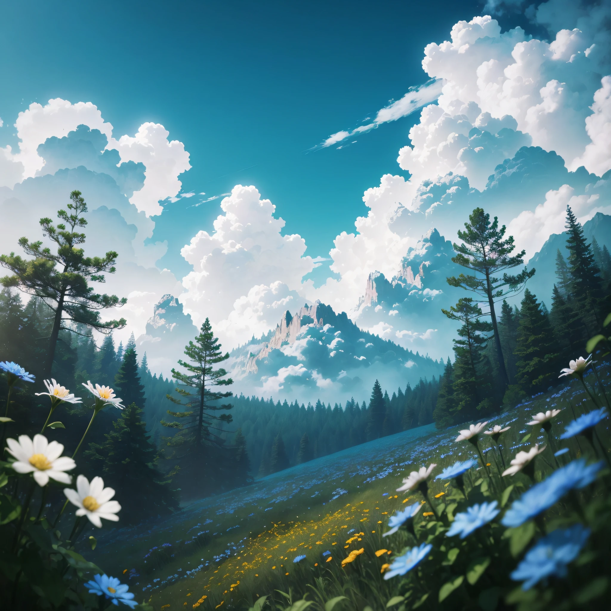 forest, few small flowers, big clouds, blue sky, warm weather, HD detail, hyper-detail, cinematic, surrealism, soft light, bokeh deep field focus, ray tracing --auto --s2