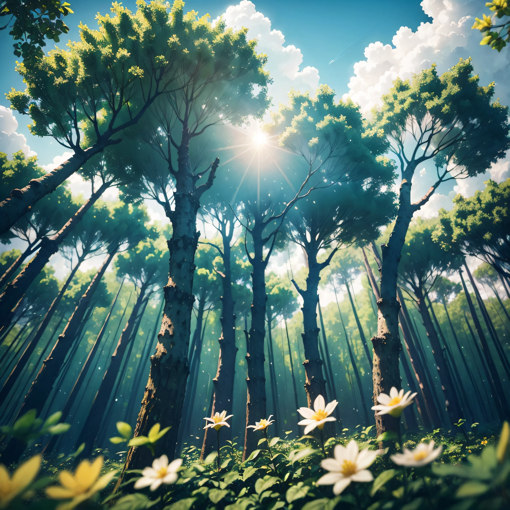 forest, few small flowers, big clouds, blue sky, warm weather, HD detail, hyper-detail, cinematic, surrealism, soft light, bokeh deep field focus, ray tracing --auto --s2